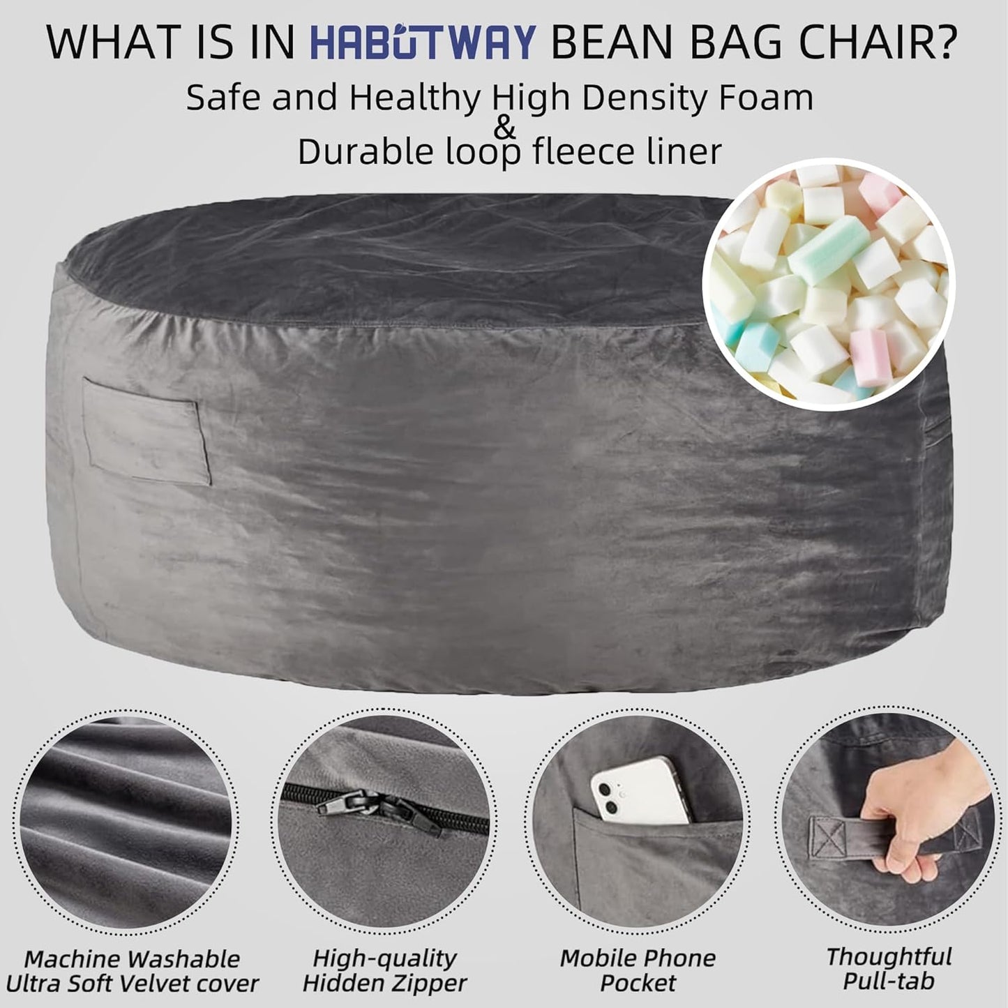 HABUTWAY Bean Bag Chair: Giant 5' Memory Foam Furniture Bean Bag Chair with Microfiber Cover - 5Ft,Silver Grey