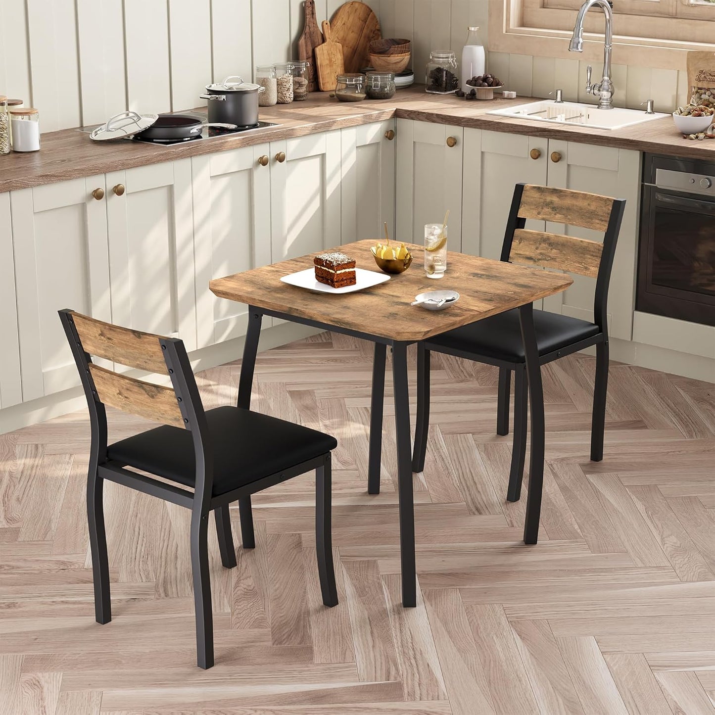 GAOMON Dining Table Set for 2, 3 Piece Small Kitchen Table and 2 Upholstered Chairs with Metal Frame & Wood Grain Tabletop for Small Space, Apartment, Kitchen, Dining Room, Black/Rustic