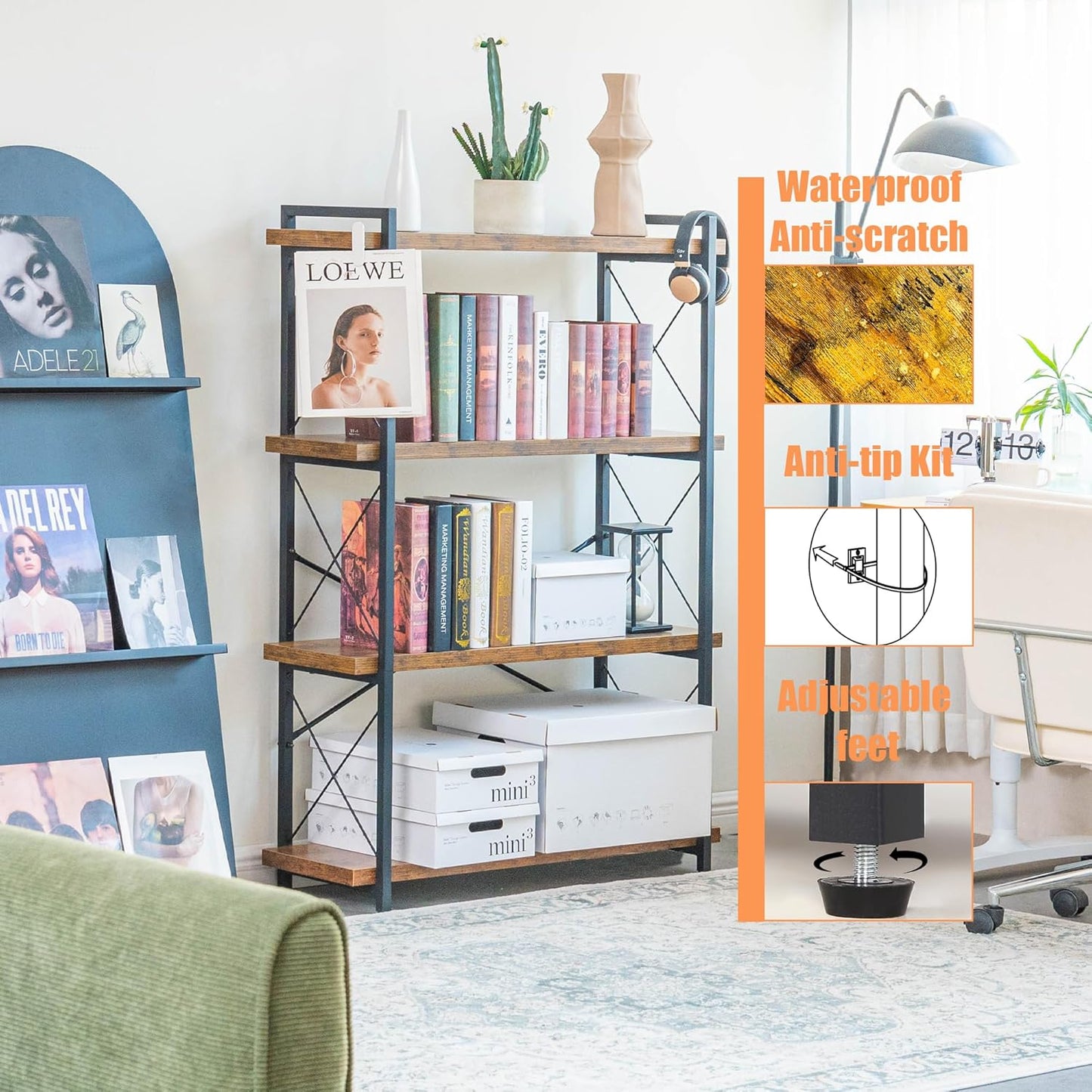 Bookshelf, 4 Tier Bookshelf, Tall Bookcase for Living Room, Home Office and Kitchen