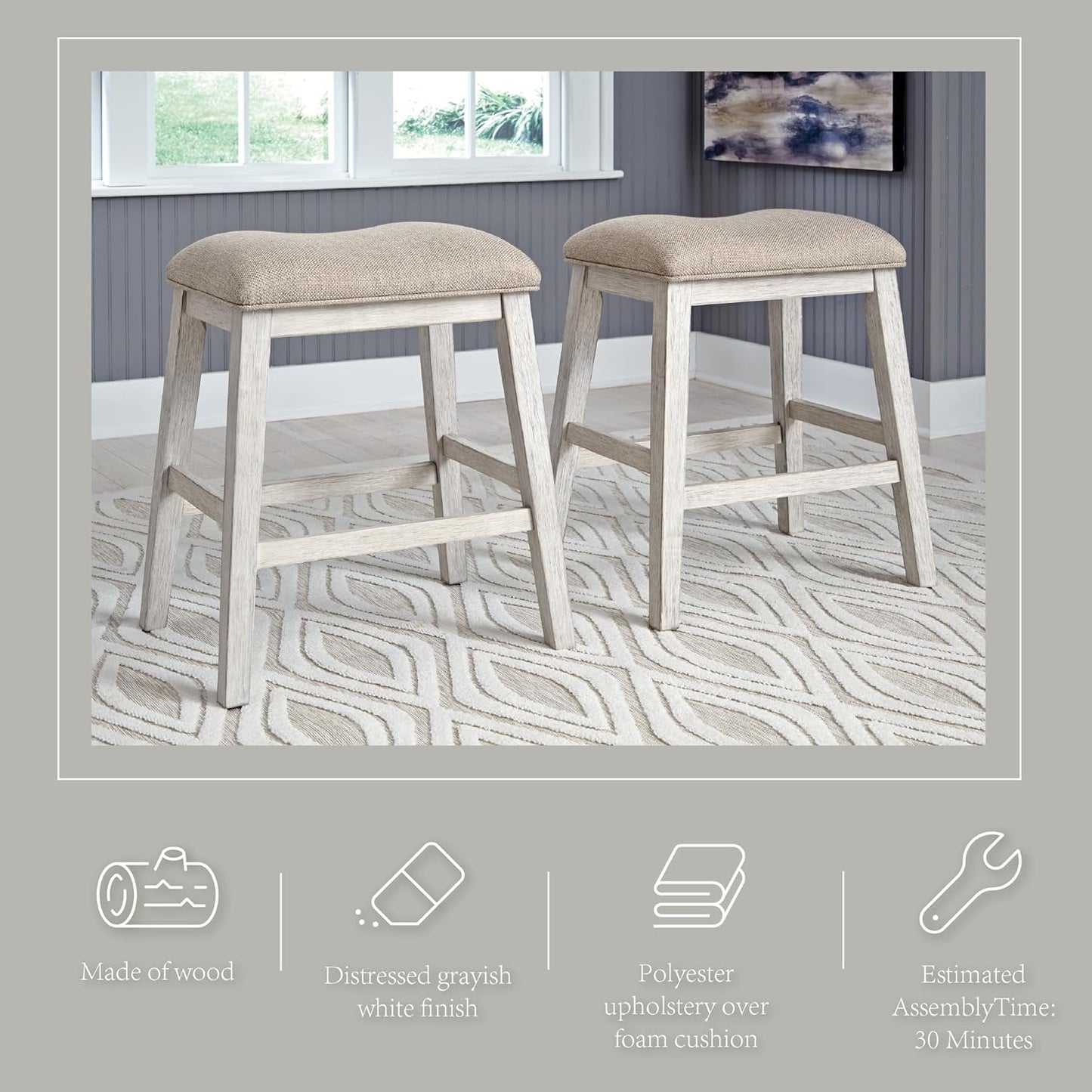 Signature Design by Ashley Skempton Modern 24" Counter Height Upholstered Barstool, 2 Count, Whitewash