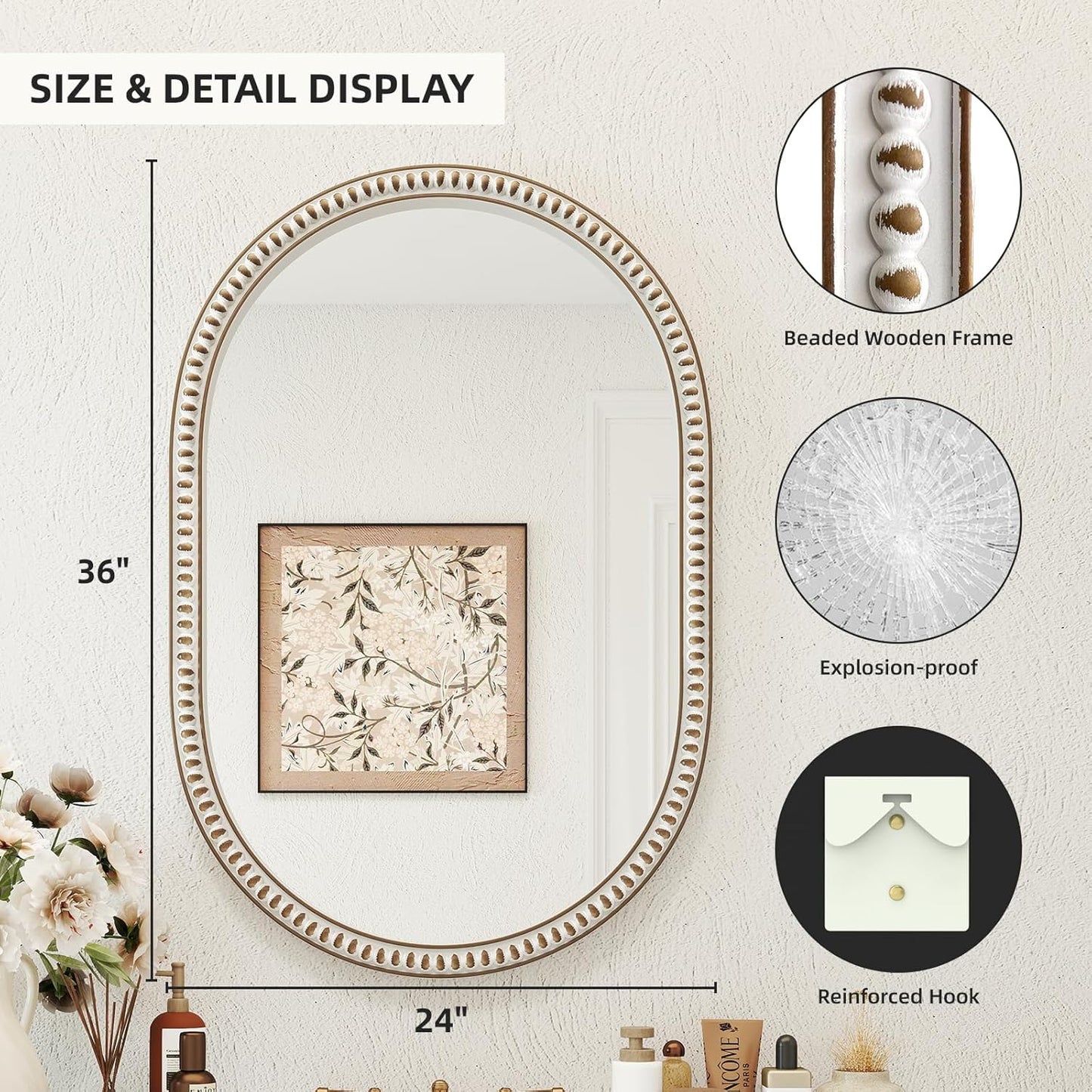 Wooden Oval Wall Mirror with Beads, 24x36 Inches Rustic Farmhouse Decorative Mirror for Entryway, Fireplace, Living Room, Hallway, Bathroom