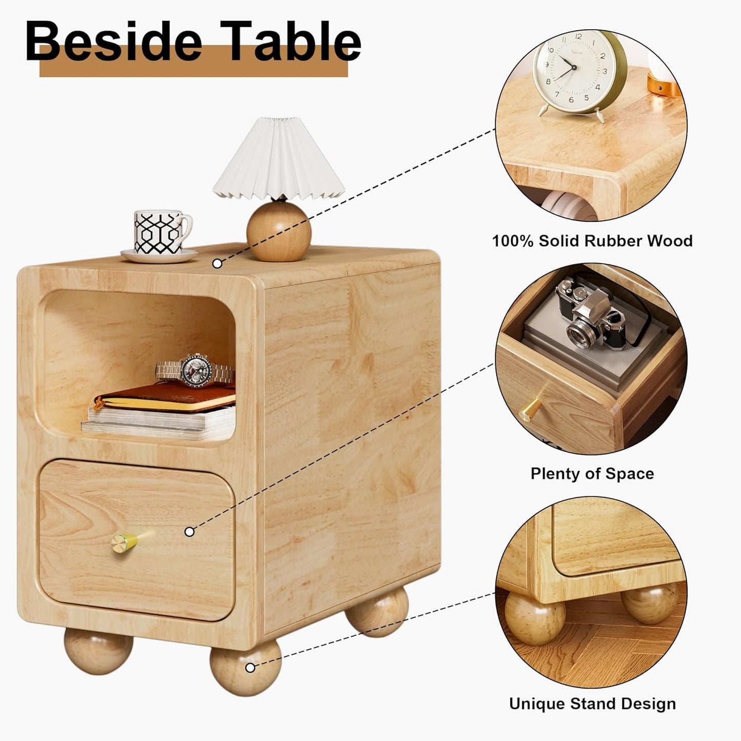 Solid Wood Night Stand, Narrow Night Stand with Drawers, Natural Mid Century Modern Nightstand, Small Beside Table with Open Storage Shelf for Bedroom (12 inch)