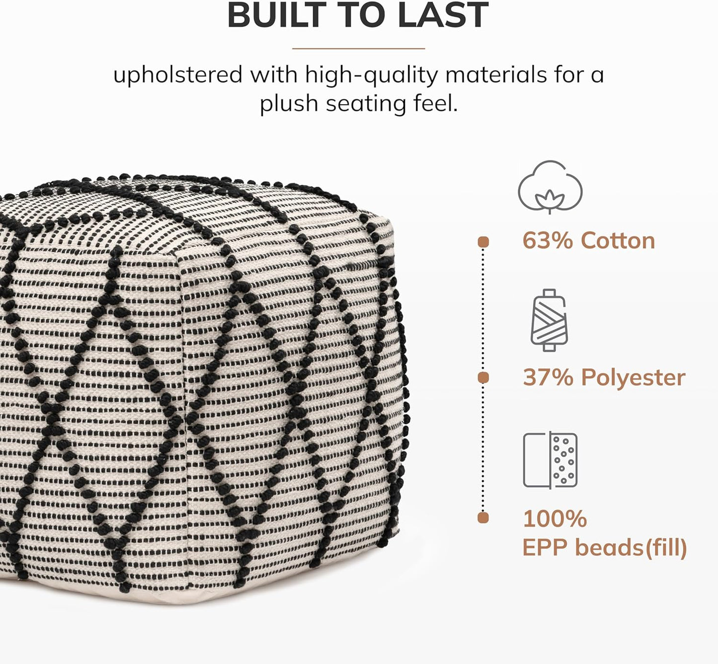 Anji Mountain 100% Handmade & Handcrafted Comfortable Home Décor Pouf Ottoman Footrest for Living Room, Bedroom, Nursery, Kidsroom, Patio Furniture - (19" x 19" x 17"- Black,White)