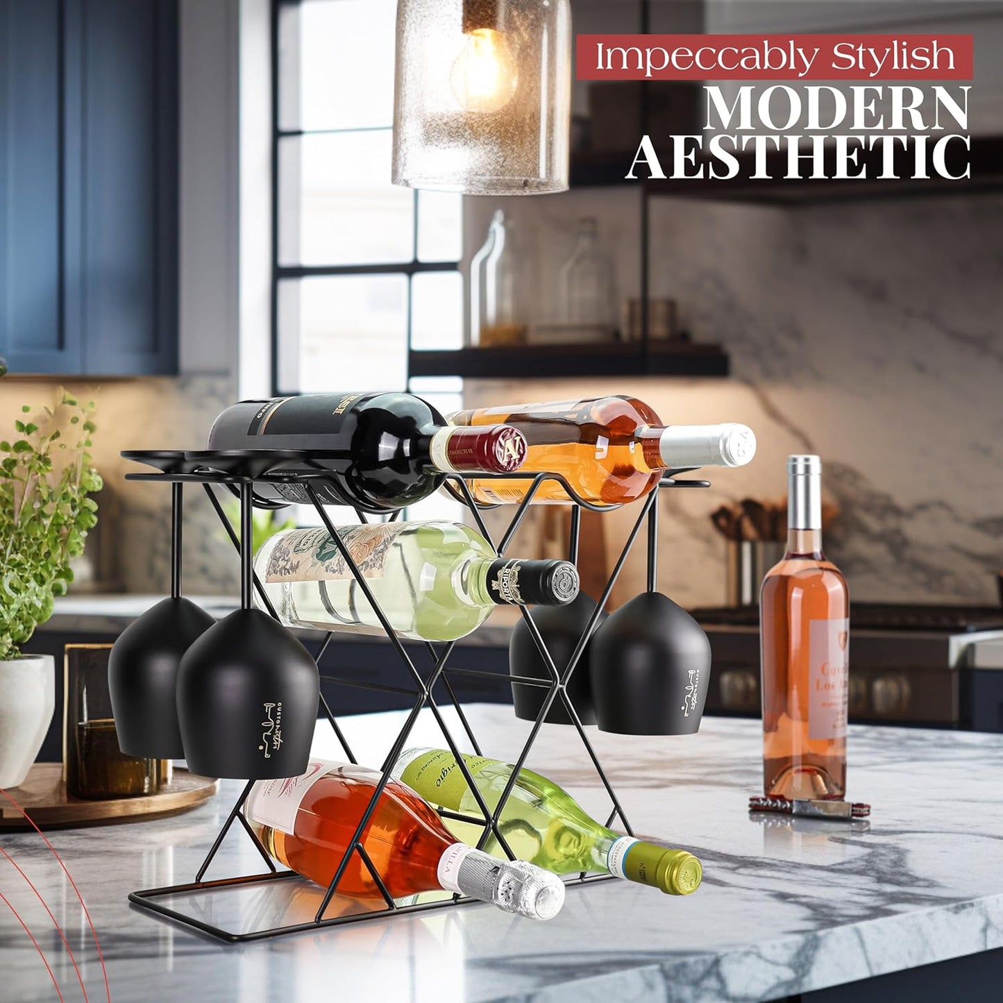 Gusto Nostro Small Wine Racks Countertop Storage for 8 Bottles & 4 Glasses - Countertop Wine Rack with Glass Holder, Modern Tabletop Black Wine Rack, Wine Holder Stand for Kitchen Cabinet Wine Cellar
