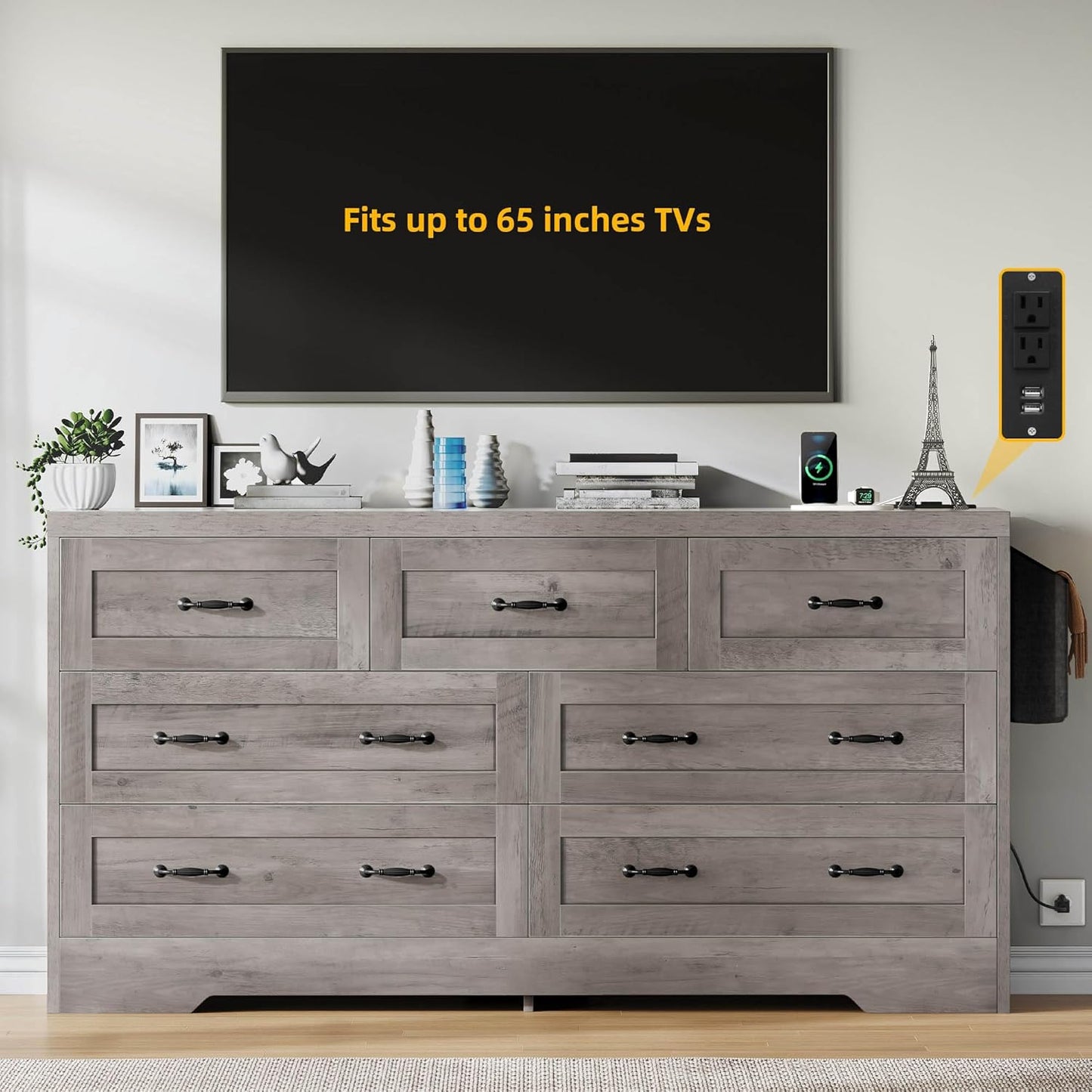 YITAHOME Grey Drawers TV Stand for 65 inches with Power Outlets -Chest of Drawers Dresser with Side Organizer Bag Entertainment Center TV Console