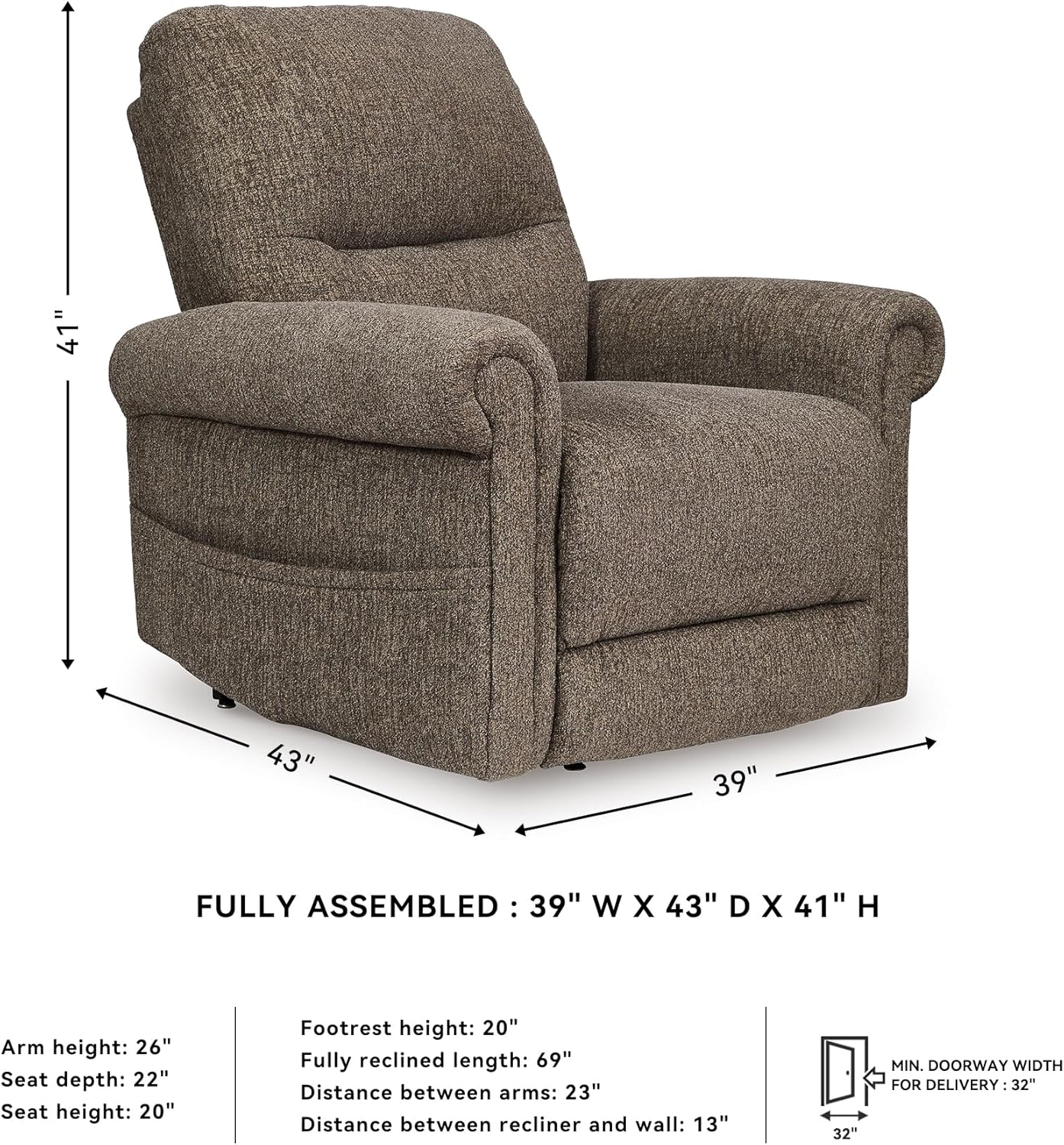 Signature Design by Ashley Aureta Classic Stain Resistant Power Lift Recliner with Side Pocket, Heat and Massage, Dark Brown