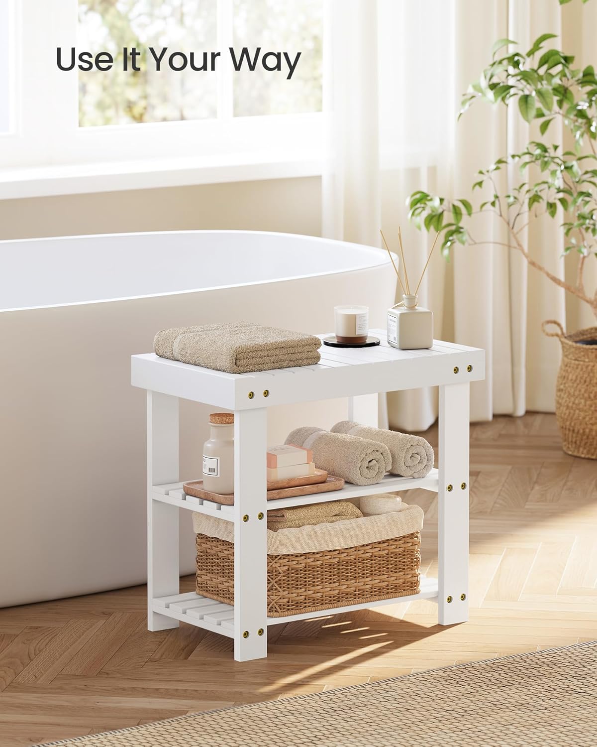 SONGMICS Shoe Rack Bench, 3-Tier Bamboo Shoe Storage Organizer, Entryway Bench, Holds Up to 286 lb, 11.3 x 19.7 x 17.8 Inches, for Entryway Bathroom Bedroom, Cloud White ULBS001W01