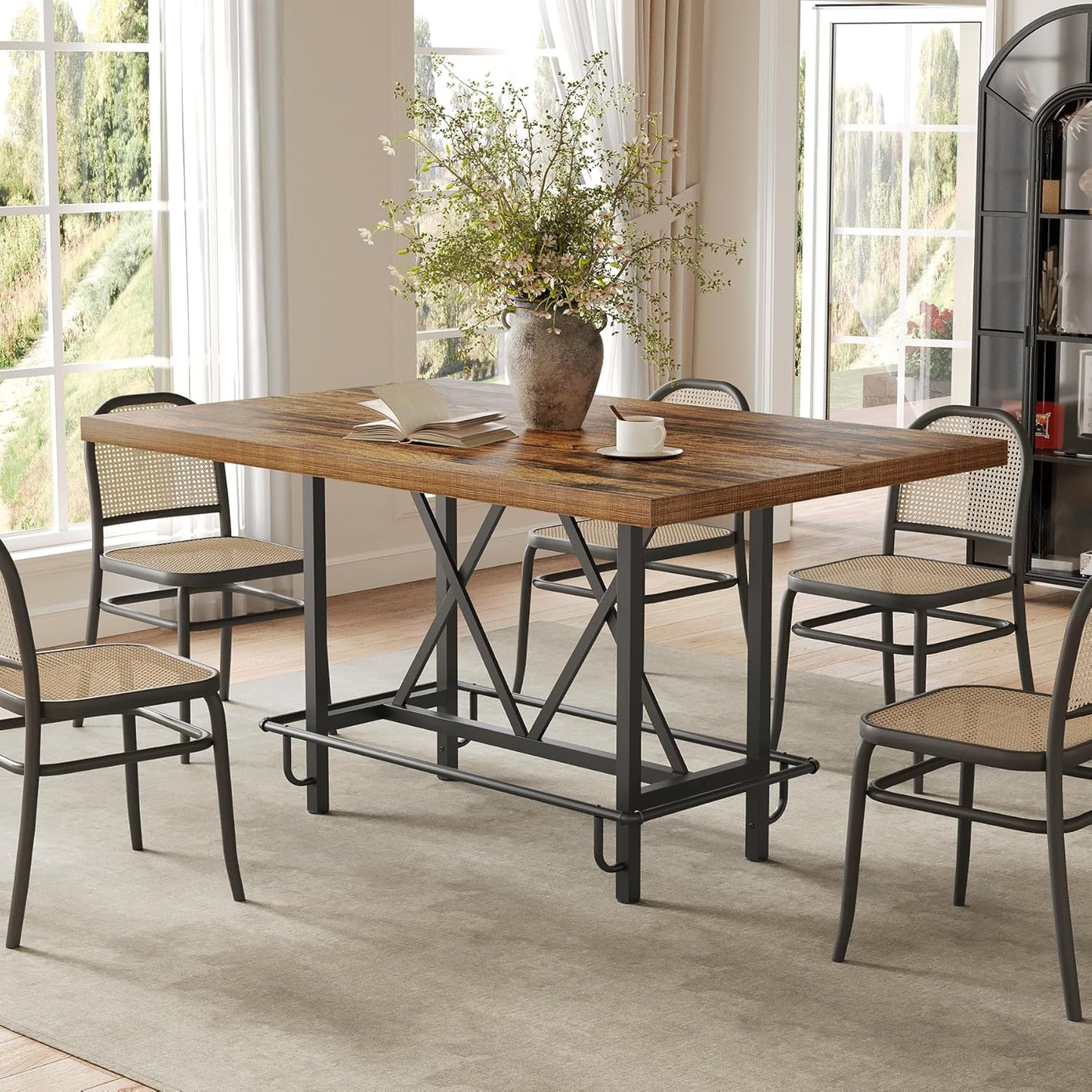 LITTLE TREE 63-Inch Industrial Bar Table with Metal Footrest, Counter Height Pub Table for Kitchen, Home Bar & Entertaining (Brown)