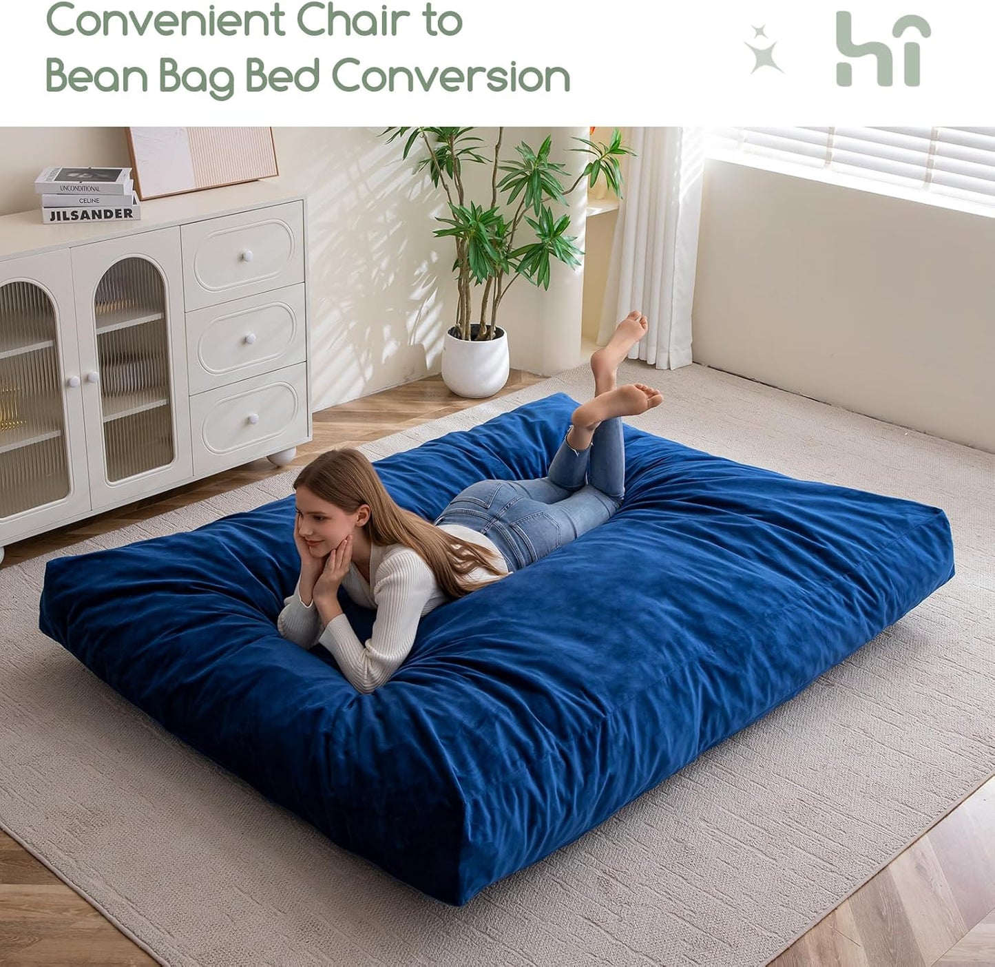 HIGOGOGO Giant Bean Bag Chair Bed for Adults,Convertible Beanbag Folds from Lazy Chair to Floor Mattress Bed,Large Floor Sofa Couch for Adult,Couples,Family,High-Density Foam Filling, Machine Washable