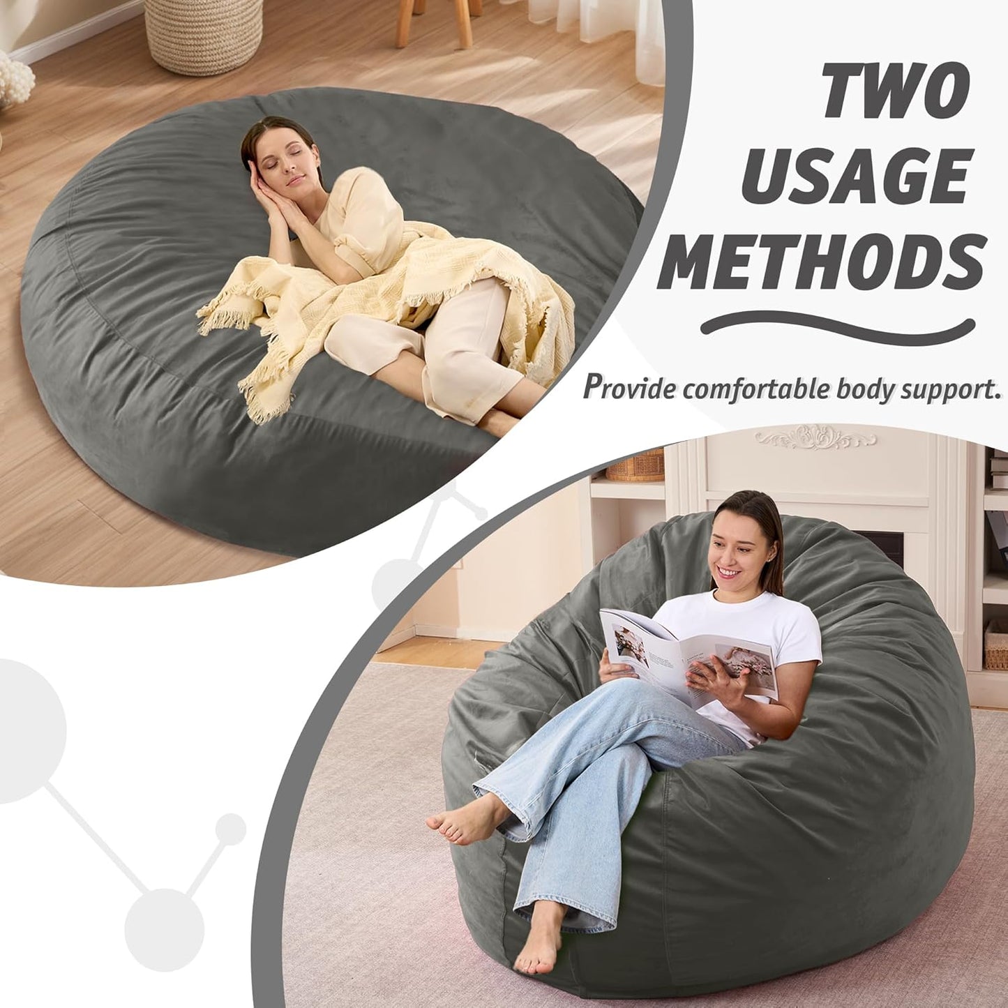 7FT Bean Bag Chair with Ultra Soft Velvet Cover Bean Bag Sofa with Memory Foam Bean Bag Chairs with Large Size Lazy Sofa for Dorm Office Living Room Bedroom Grey 7'