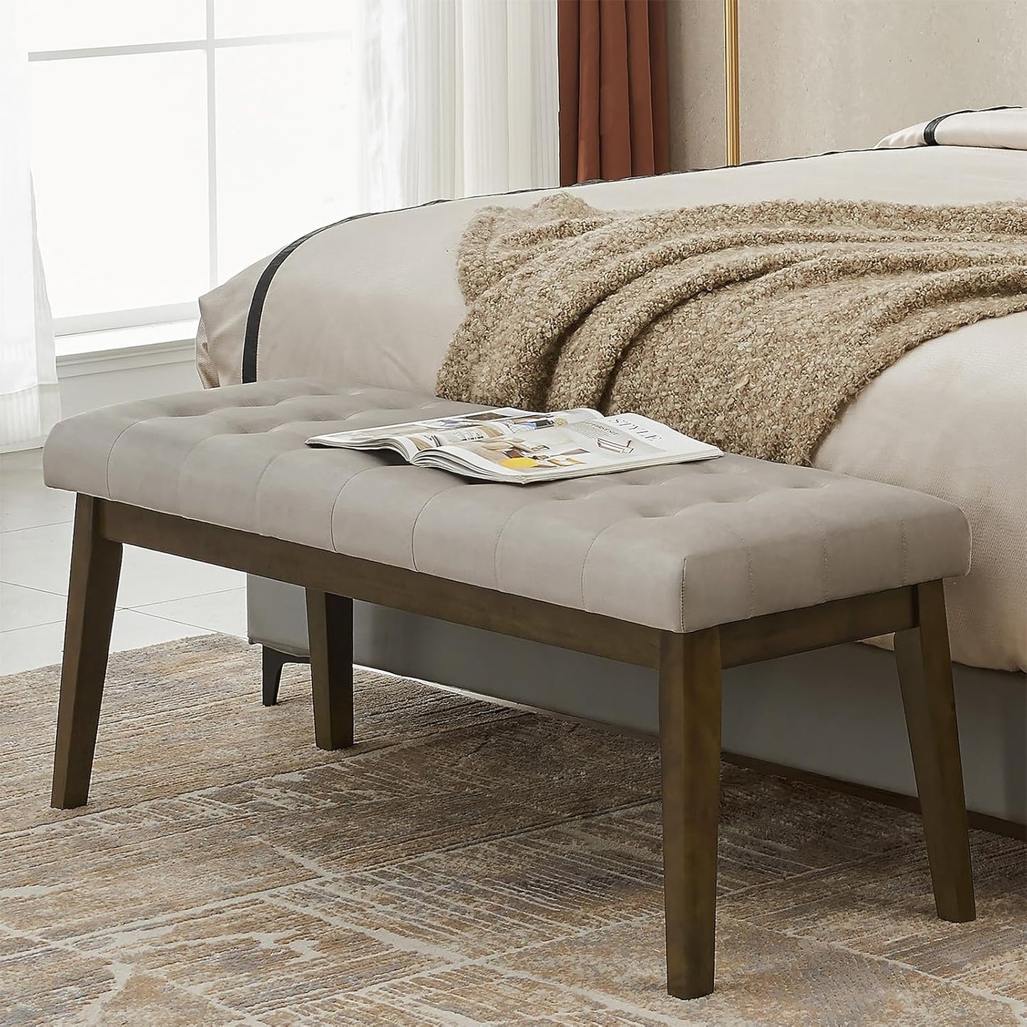 End of Bed Bedroom Bench, Linen Upholstered Tufted Bench for Bedroom End of Bed with Solid Wood Legs for Bedroom Living Room Entryway(Gray)