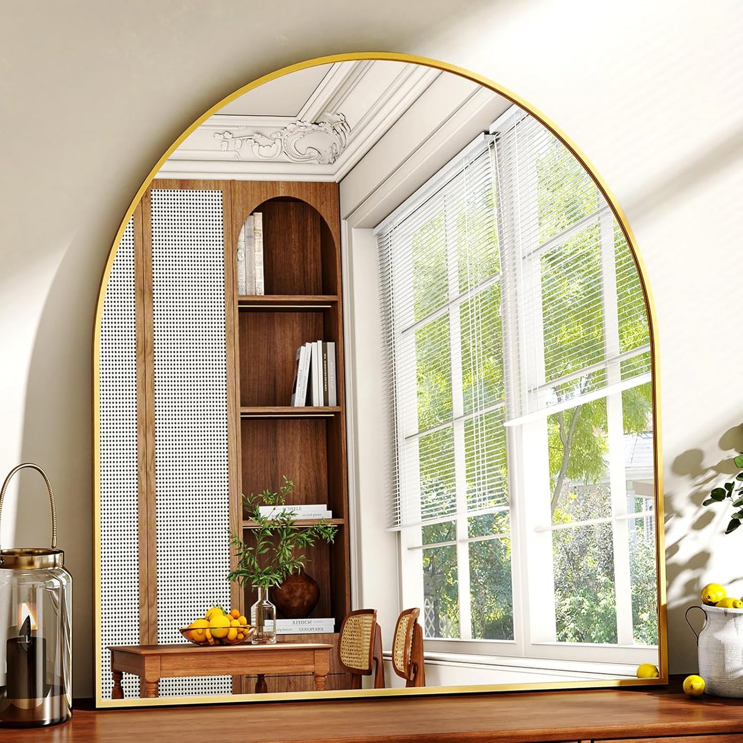 31"x32" Arched Wall Mirror for Bathroom, Gold Vanity Mirror for Bedroom, Living Room, Entryway, Decorative Hanging Mirror for Wall