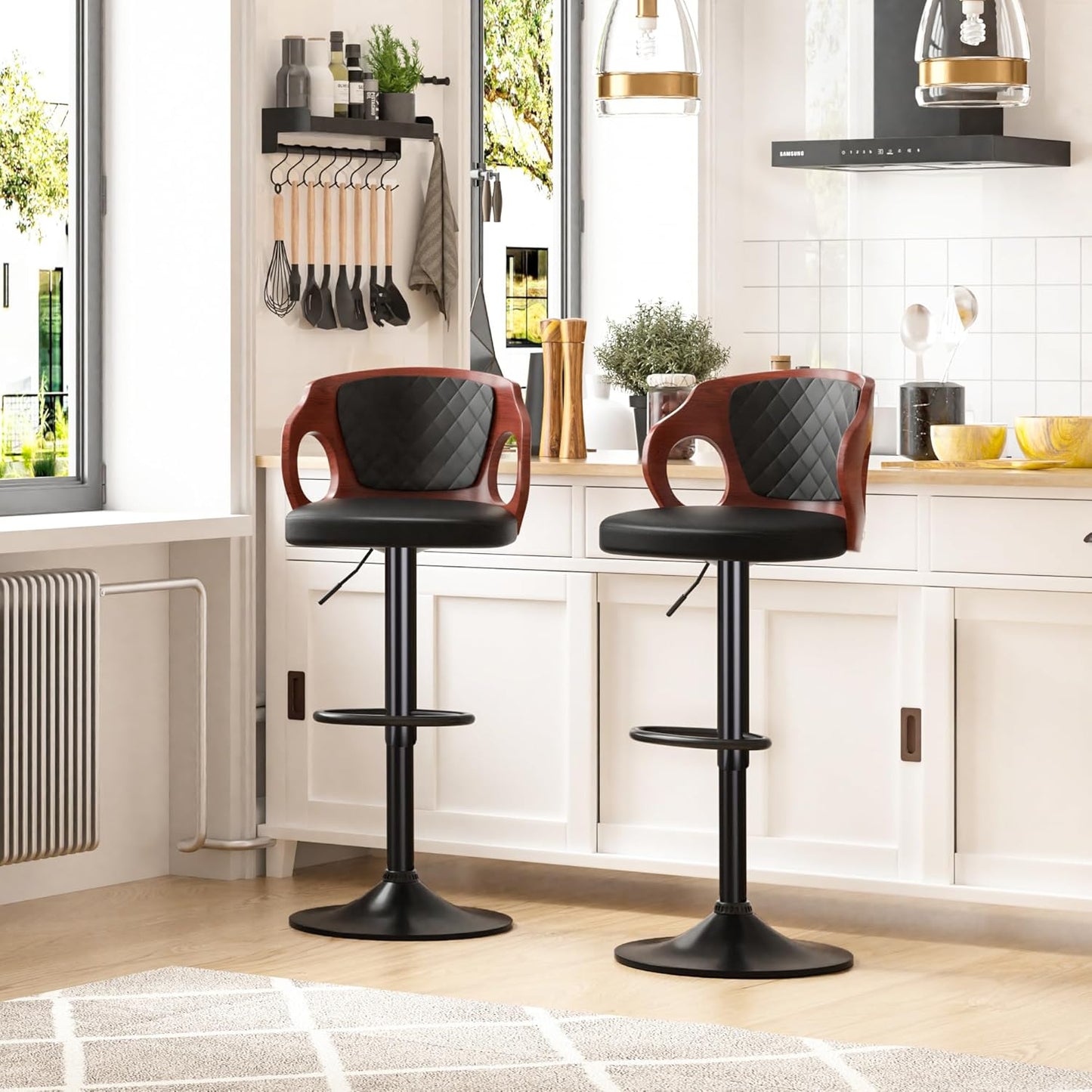 VECELO Bar Stools Set of 2,Adjustable Counter Height Stools with Bentwood Back,Armrest&Footrest,Swivel PU Leather Bar Chairs for Kitchen Island,Coffee Shop and Salon,Black,Quilted Elegance