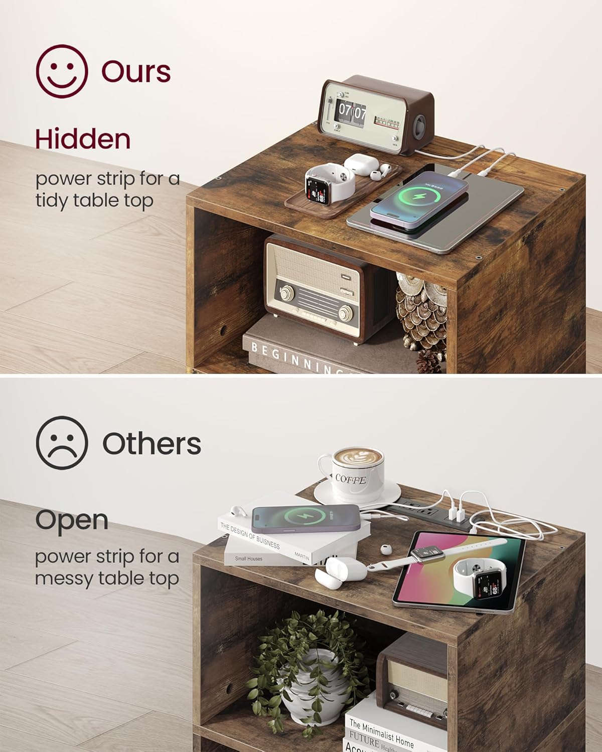 Record Player Stand, 3-Tier Side End Table with Charging Station, Turntable Stand Up to 160 Albums, Vinyl Storage Cabinet Dispaly Shelf for Living Room, Brown