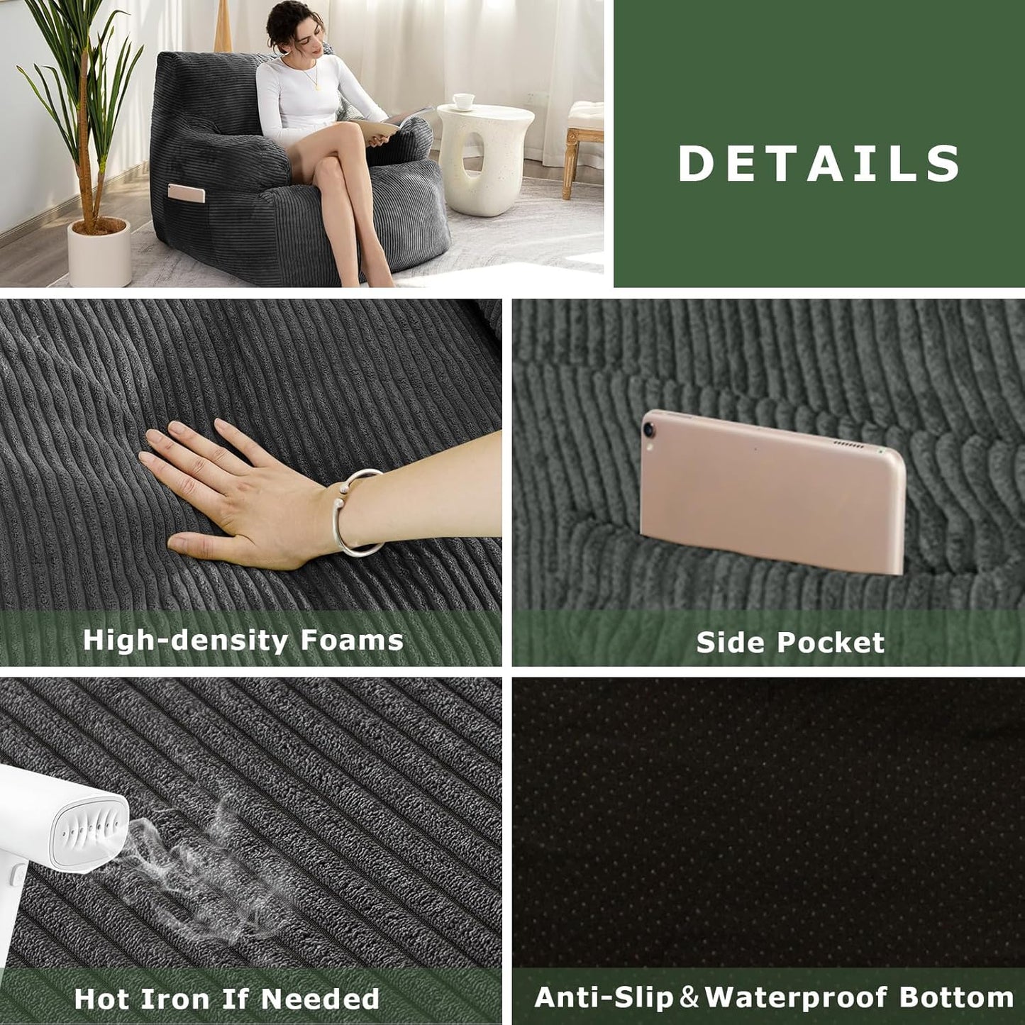 HIGOGOGO Giant Bean Bag Chair Sofa, Big Comfy Chair for Bedroom Living Room, Bean Bag Lazy Chair for Adults with Pocket Armrests for Gaming, Reading, Large, Dark Grey