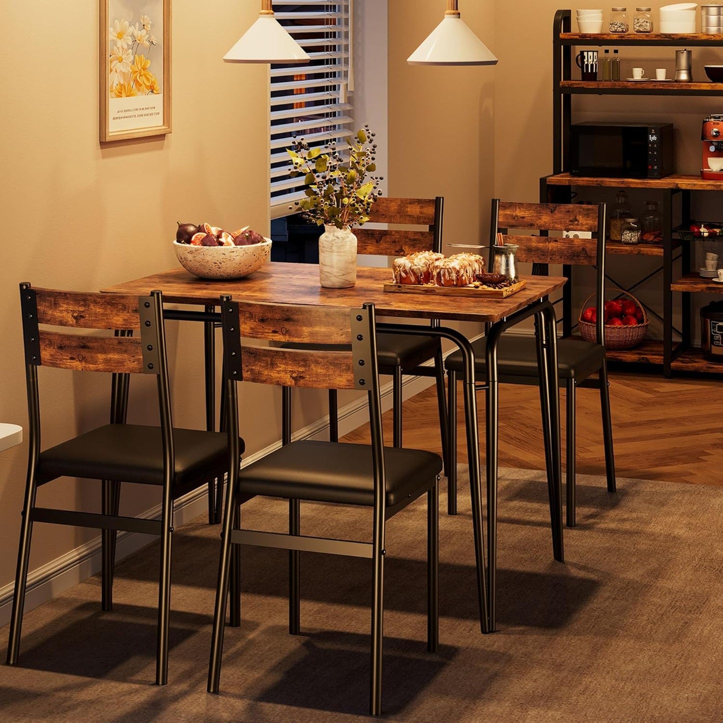 5 Piece Dining Table Set for 4, Compact Square Table Chairs, Sturdy MDF Top, Metal Frame, Space-Saving Breakfast Set for Kitchen, Apartment, Office, Easy Assembly Wipe-Clean