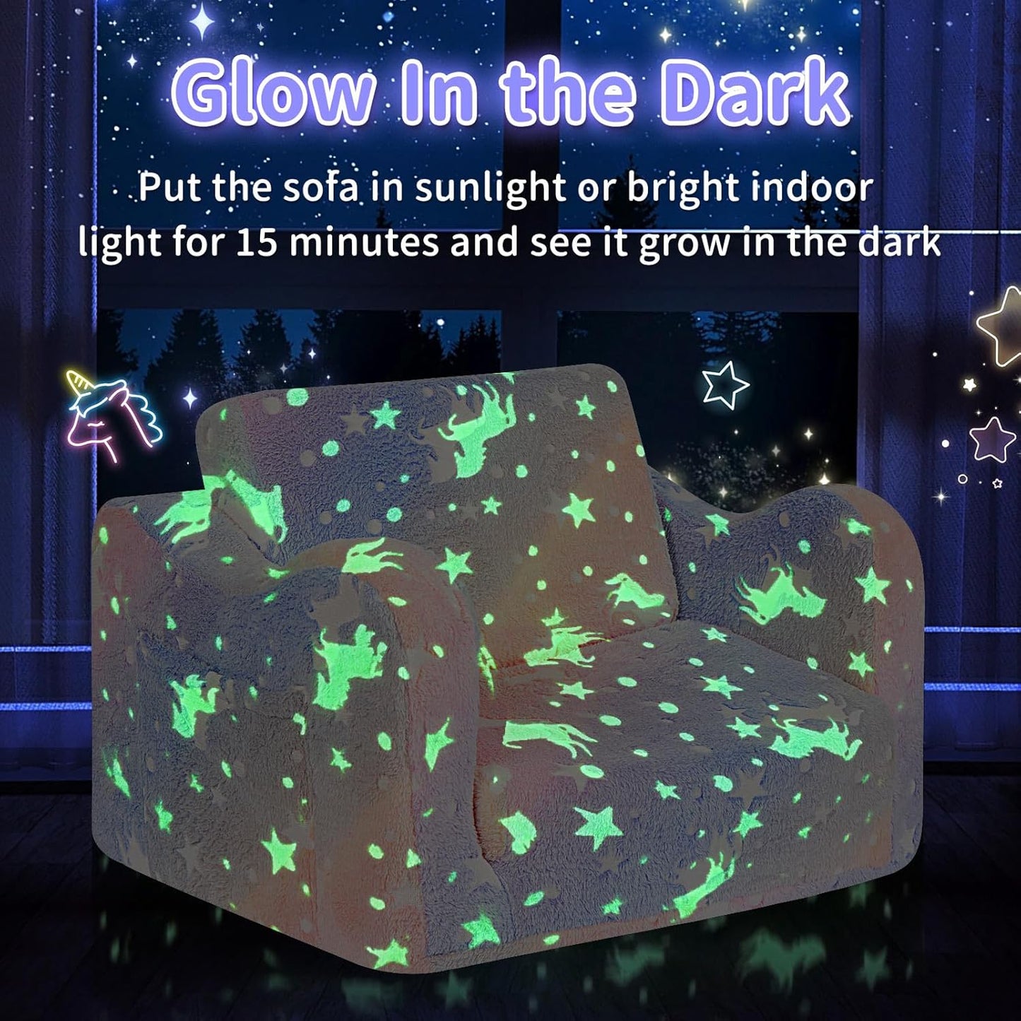 Kids Couch for Toddlers, 2-in-1 Kids Sofa Chair Glow in The Dark, Comfy Soft Foldable Toddler Couch Chair for Girls and Boys