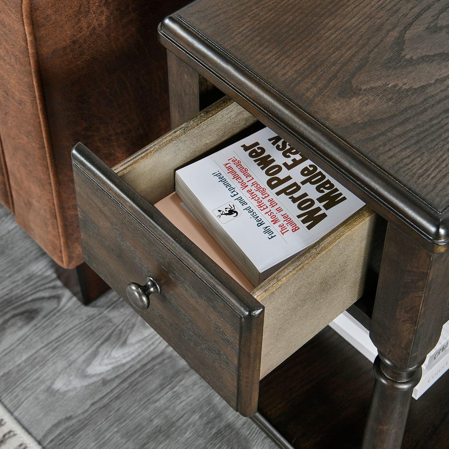 Narrow End Table with Drawer and Open Storage Shelf, Solid Wood Sofa Side Table for Living Room, Beside Table,Telephone Table for Small Spaces, No-Tools Assembly Vintage Black BBJ004BK