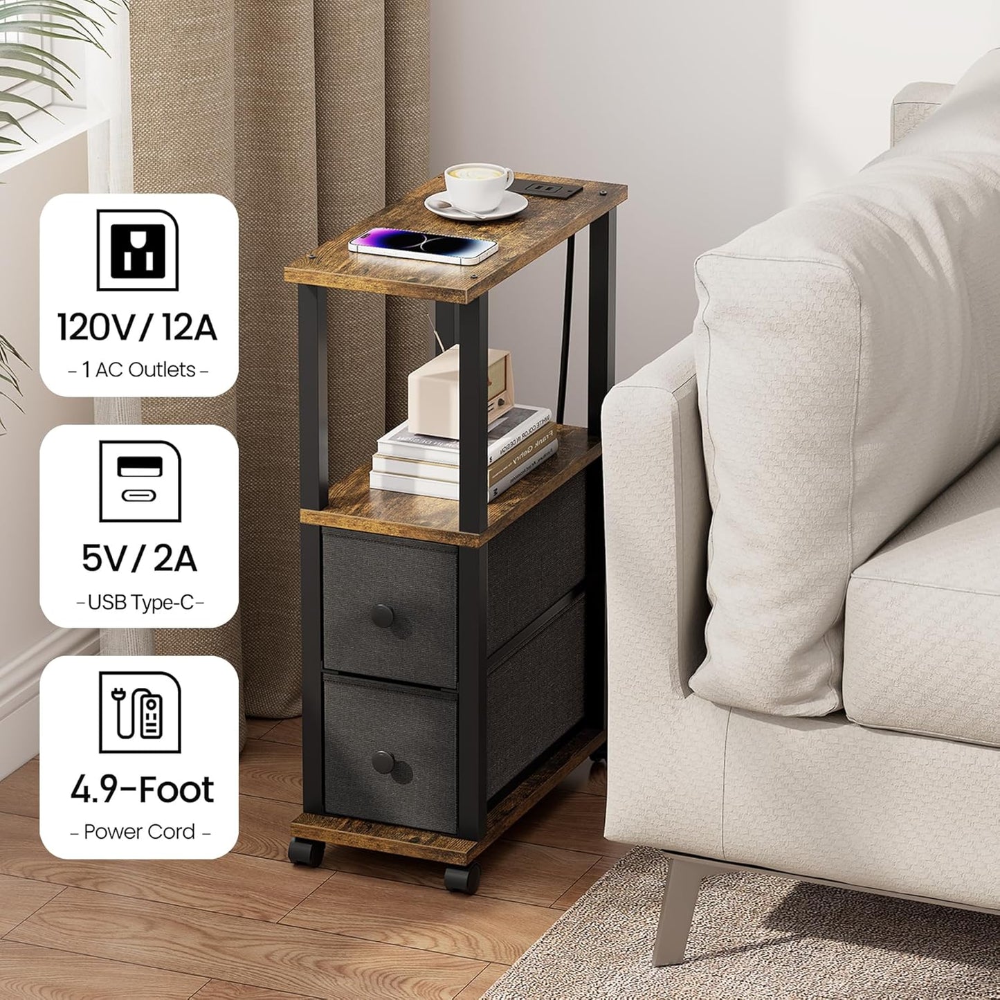 TUTOTAK Small Narrow End Tables, LED Side Tables with 2 Fabric Drawers, Set of 2, Bedside Tables with Charging Station for Small Spaces, Slim Nightstands with USB Ports and Wheels, TB01BB053L