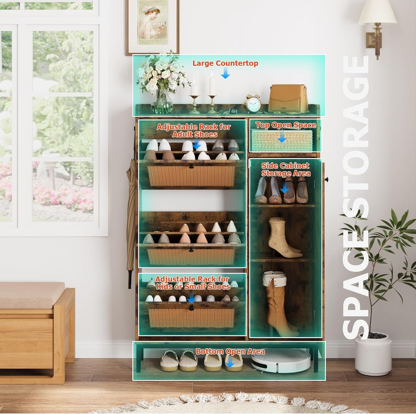 GarveeHome Shoe Cabinet Rattan with 3 Flip Drawers and 4-Tier Shoe Storage Cabinet, Freestanding Shoe Organizer with Adjustable Shelves for Entryway, Closet, Hallway (Brown)