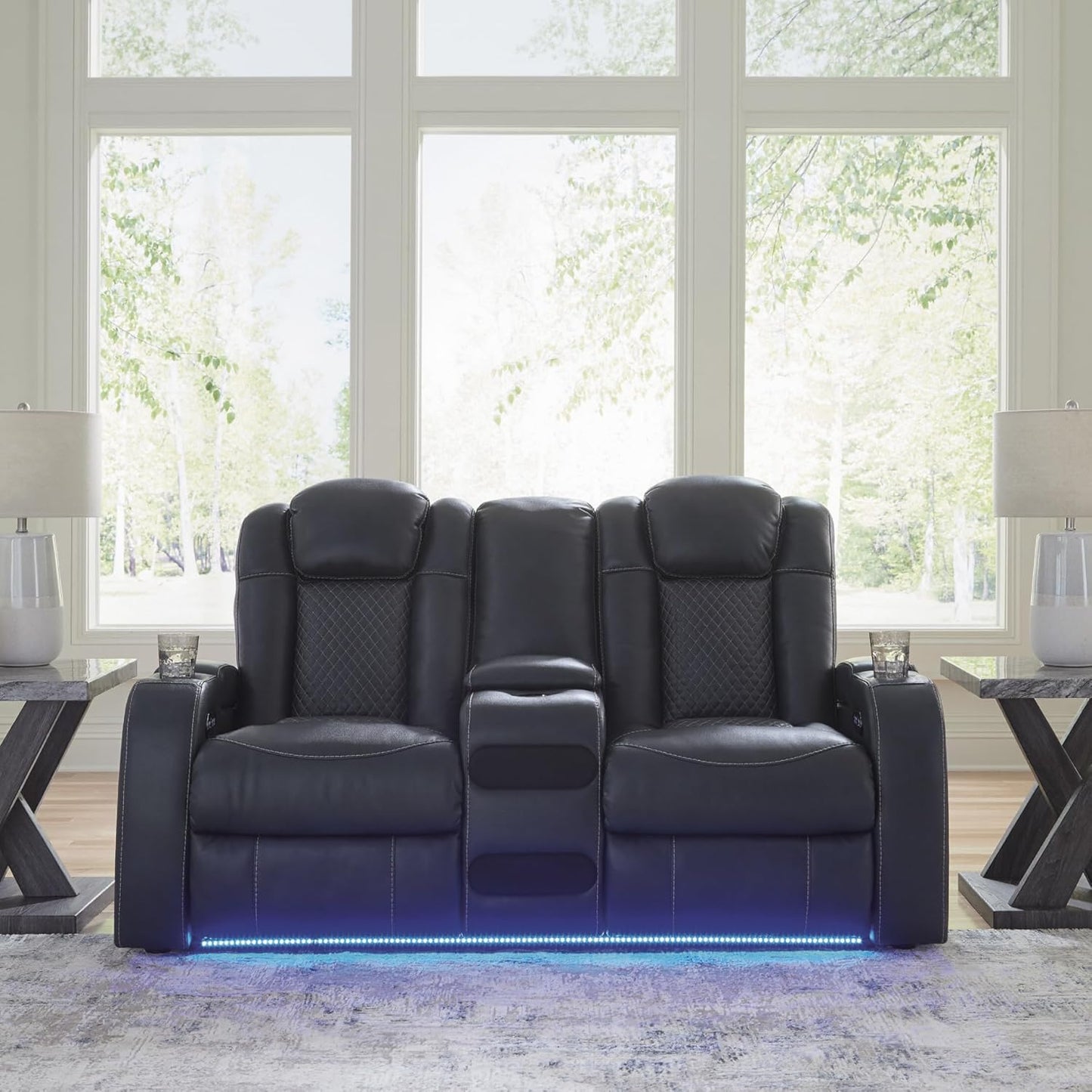 Signature Design by Ashley Fyne-Dyme Contemporary Power Reclining Loveseat with Console, USB Charging Ports and Adjustable Headrest, Blue