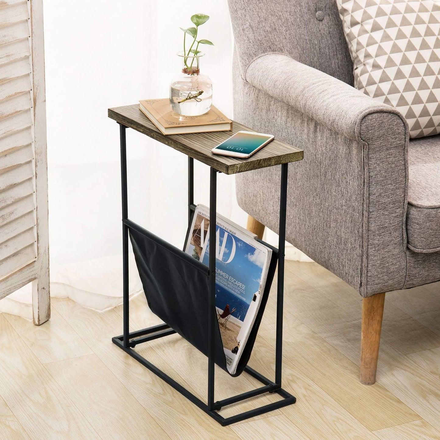 MyGift 21-Inch Modern Narrow Living Room End Table with Hand Torched Solid Wood Tabletop and Black Metal Frame, Bedroom Nightstand Side Table with Magazine Holder Sling
