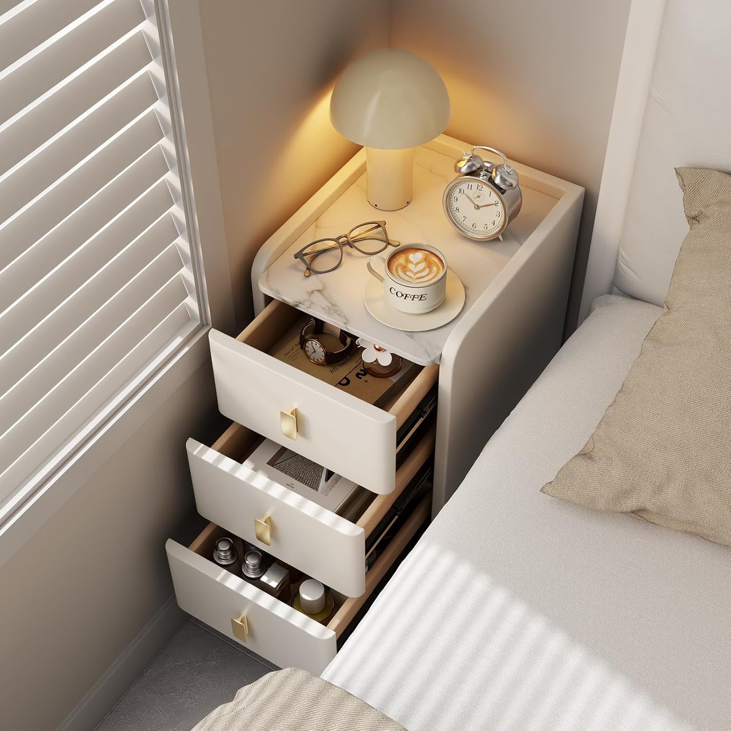 Narrow Nightstand with Drawers, Narrow Side Table Leather, Small Bedside Tables for Bedroom. (White)