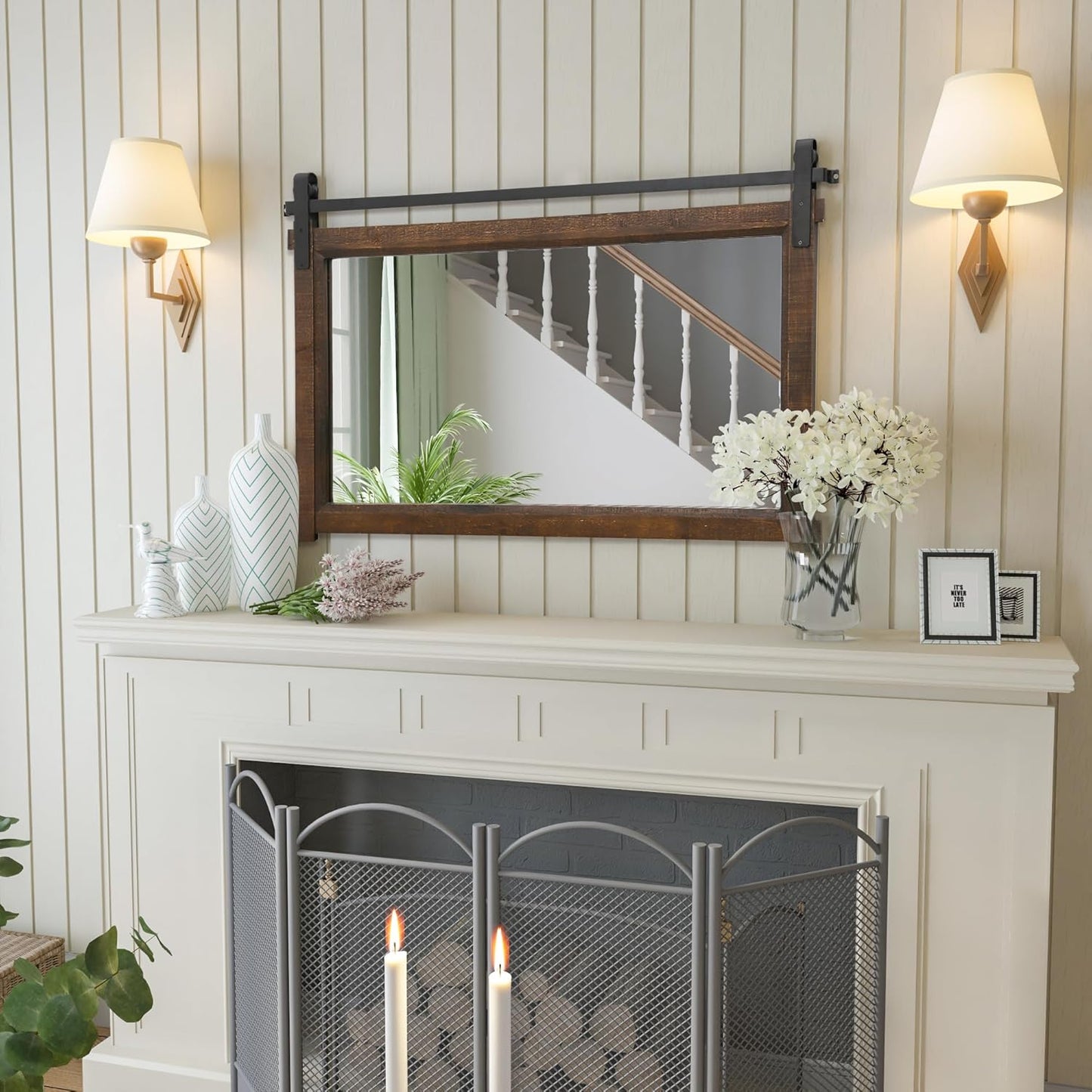 Bathroom Barn Door Mirror: 42"x28" Brown Farmhouse Wood Frame - Rustic Wall Mirror for Entryway/Living Room Wall Decor