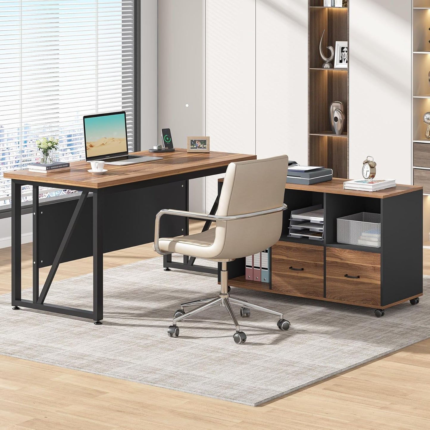 Tribesigns 55-Inch Executive Computer Desk with 43-Inch Lateral File Cabinet, Large Workstation Business Furniture, L Shaped Desk with Drawers and Storage Shelves for Home Office, Walnut