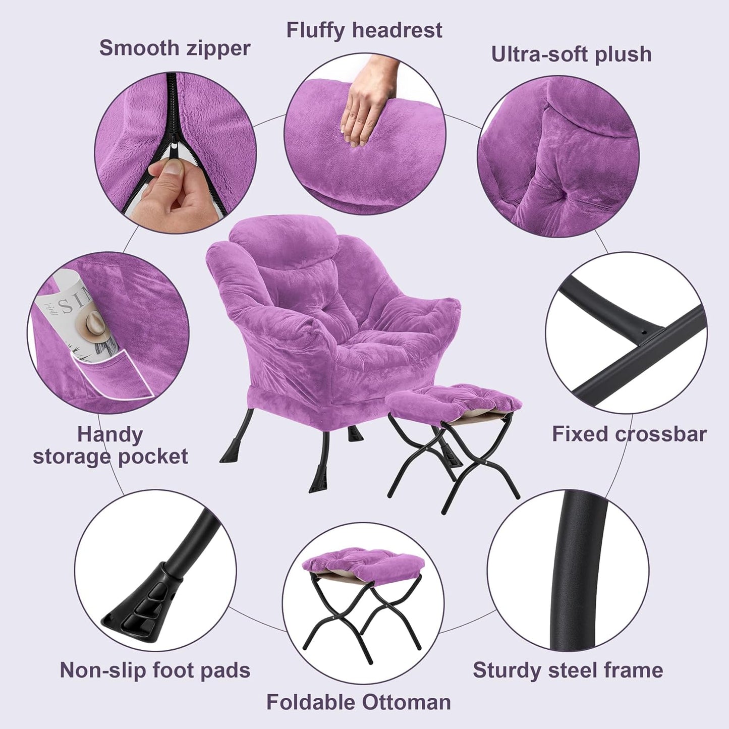 Fabric Lazy Chair with Ottoman, Oversized Upholstered Sofa Chair for Adults, Plush Comfy Lounge Chair with Large Side Storage Pocket, Reading Chair for Living Room, Bedroom, Office, Purple