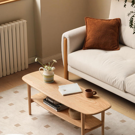 KEIKI 100% Solid Wood Coffee Table, Center Table, Modern Coffee Table with 2-Tier Storage Shelves for Living Room and Small Spacee