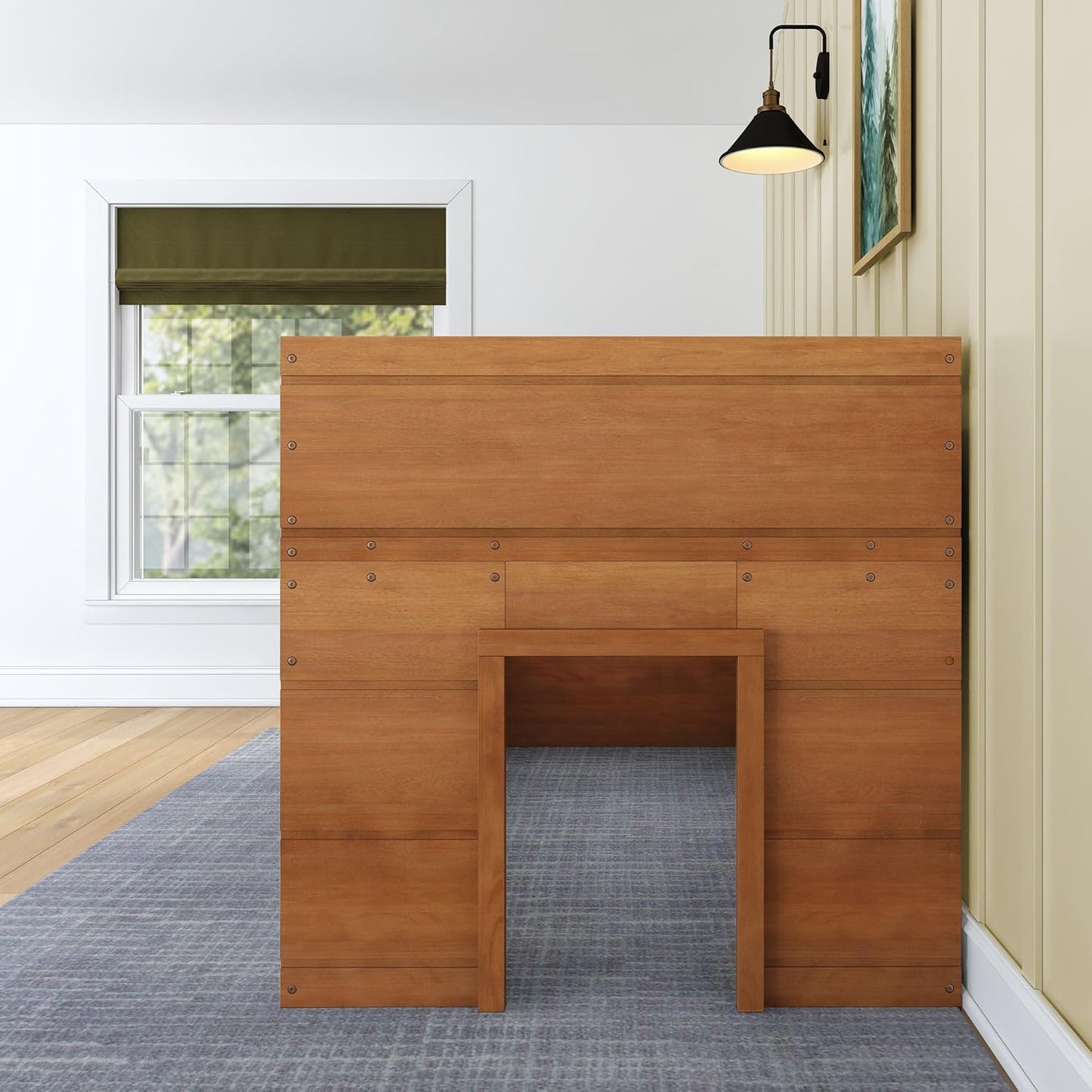 Max & Lily Modern Farmhouse Twin Low Loft Bed with Two Windows - Solid Wood, 15” Guardrails, 400-lb Capacity, Low-VOC Finish, Farmhouse Pecan