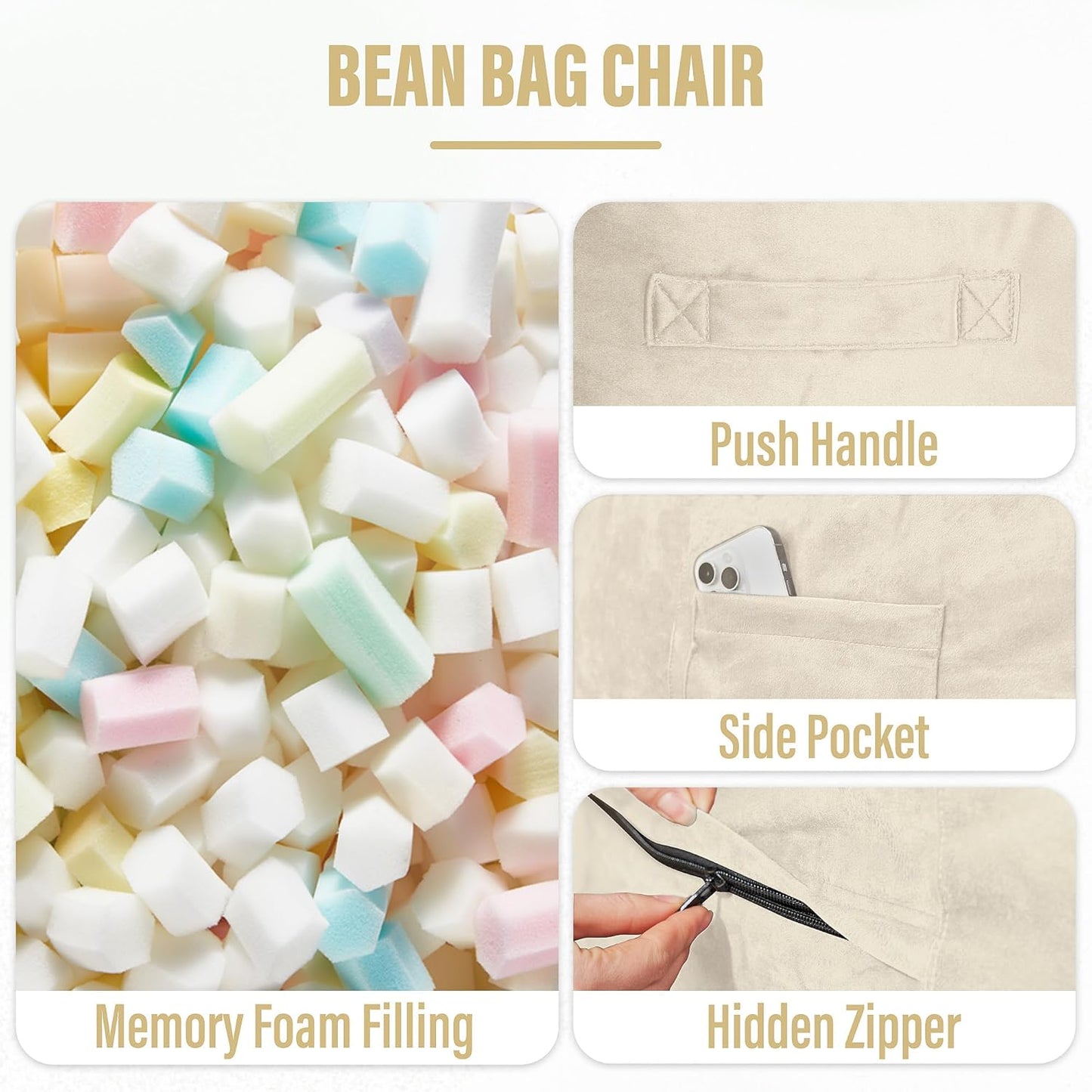 HABUTWAY Bean Bag Chair: Giant 6' Memory Foam Furniture Bean Bag Chair with Microfiber Cover - 6Ft,Beige