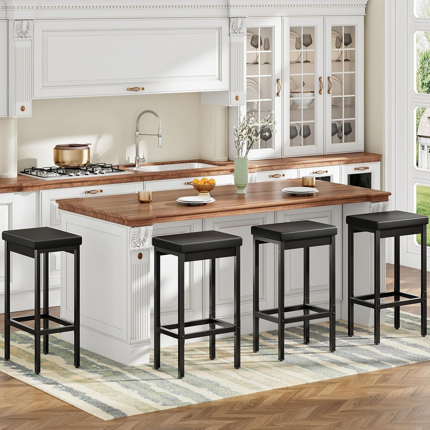 HOOBRO Bar Stools, Set of 4 Bar Chairs, 24.8-Inch Height Stools, Breakfast Bar Stools, Kitchen Stools, 2" Thick Upholstery, for Kitchen, Dining Room, Cafe, Bar Counter, Black BB21BYP401