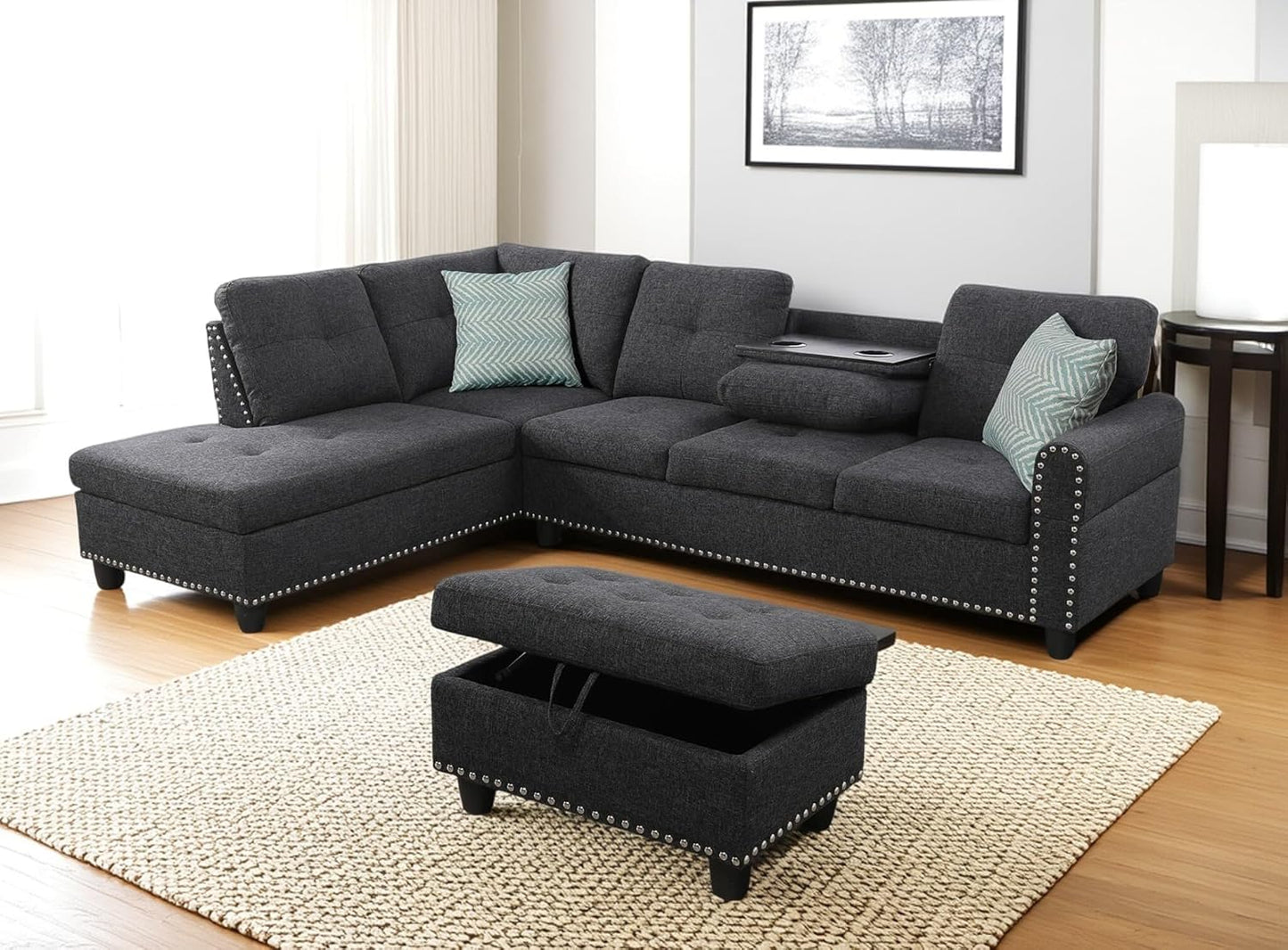 98 Inch L Shaped Sectional Sofa with Chaise Lounge, Storage Ottoman and 2 Pillows, 4-Seaters Linen Upholstered Tufted Couch w/Cupholder & Nailhead Trim for Living Room, Office, Charcoal Grey