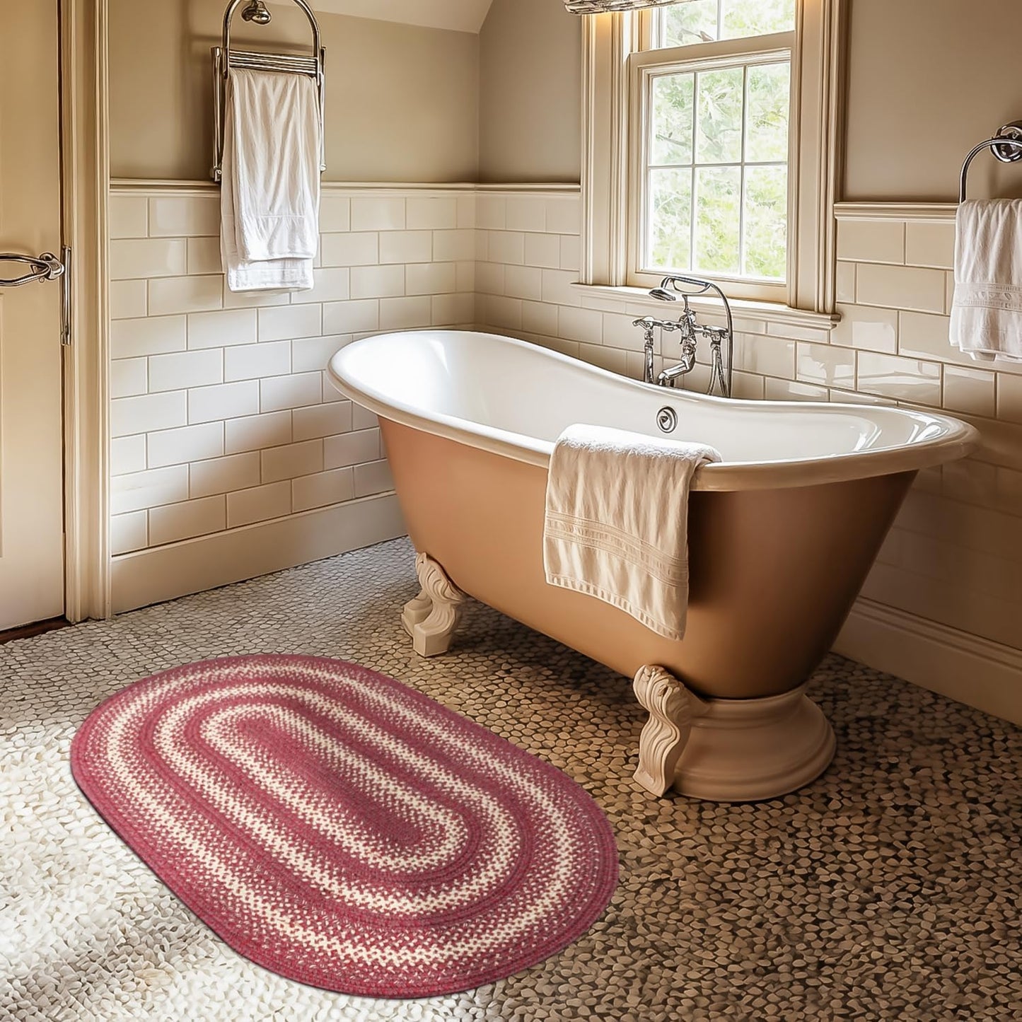 Autumn Maple Burgundy and Tan Oval Braided Rug, Jute, 27"x45" - Rustic Primitive Decor for Entryway, Kitchen, Everywhere