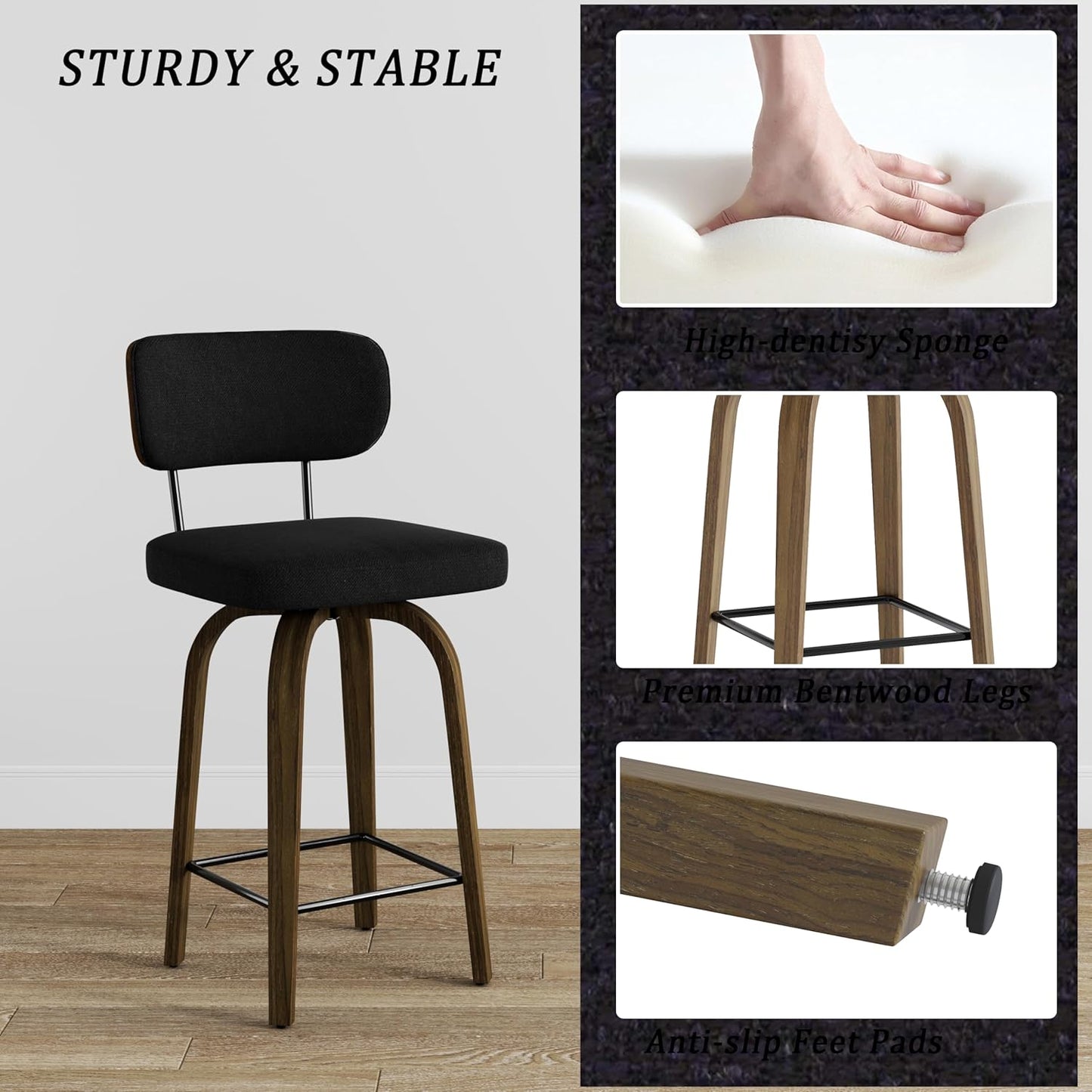 Swivel Counter Height Bar Stools with Back Set of 2, 26" Fabric Upholstered Kitchen Bar Stools with Wood Legs and Metal Footrest for Kitchen Island (Black Fabric)