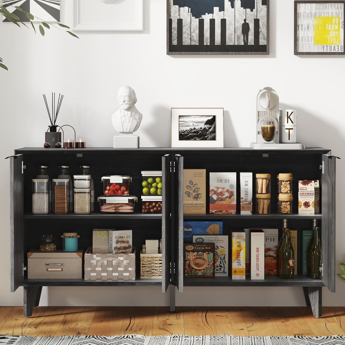 Fluted Cabinet with Storage, Buffet Storage with 4 Doors, Buffet Sideborad Accent Cabinet with Adjustable Shelves for Living Room, Kitchen, Entry, Hallway, Black&Grey