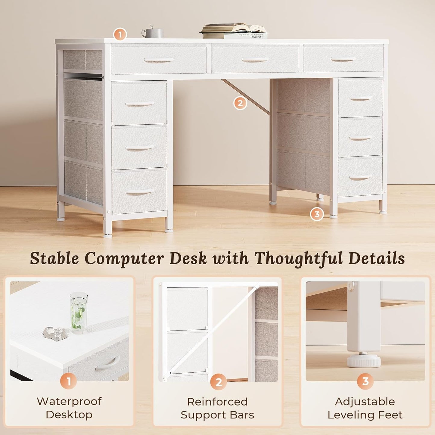 PRAISUN 54 Inch Office Desk with Outlets, Computer Desk with 9 Fabric Drawers, Writing Gaming Work Study Desk for Bedroom, Living Room, Home Office, Large Storage, White