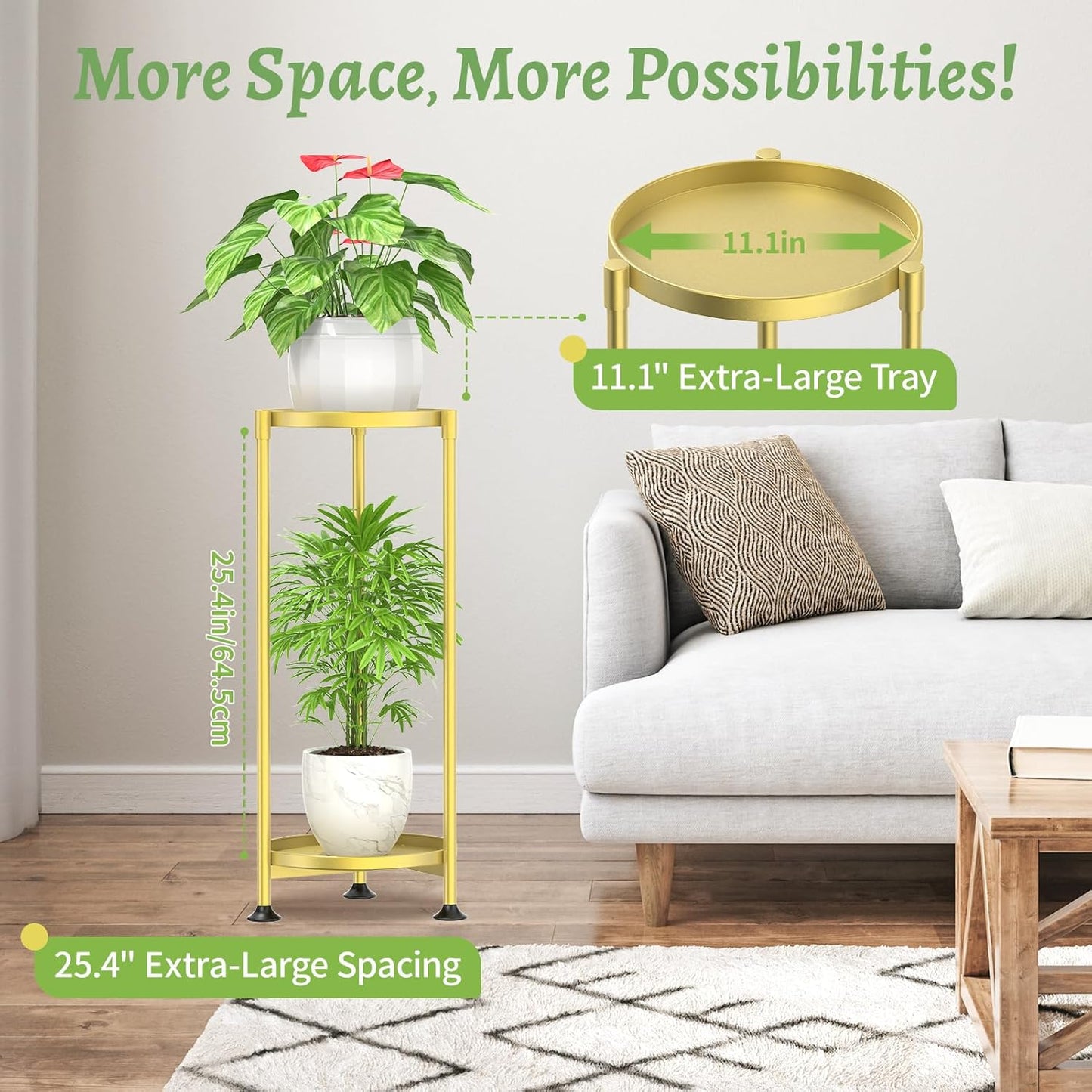 KMOTASUO 2 Tier Plant Stand Indoor for Large Tall Heavy Duty Planter, Multiple Sturdy Metal Flower Corner Rack for Narrow House Floor, Iron Vertical Level Round Orchi Holder Organizer, Gold