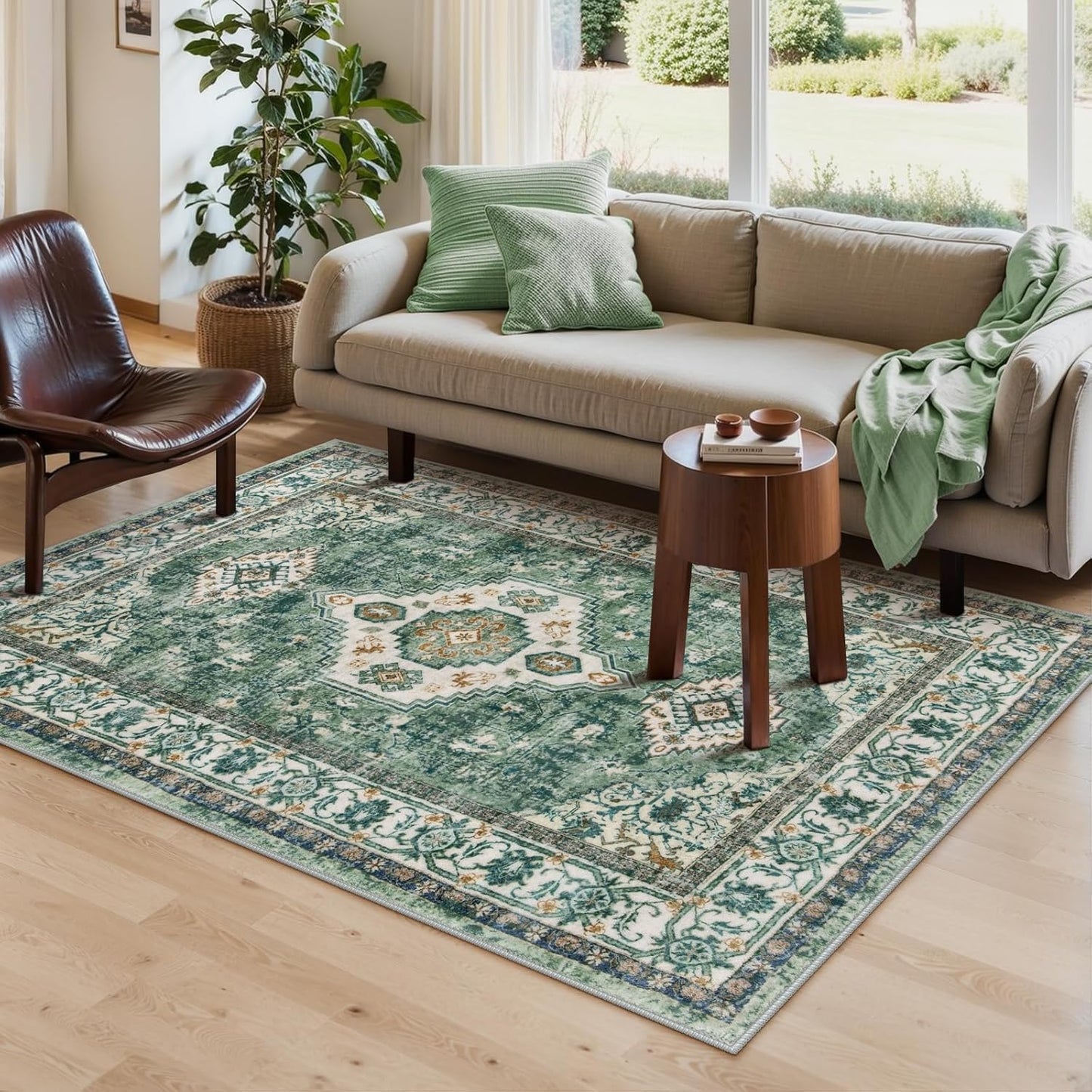 Lahome Oriental Machine Washable Rug, 3x5 Soft Green Rugs for Entryway Dorm, Non Slip Distressed Vintage Throw Carpet for Bedroom Living Room Entrance, Green/Multi