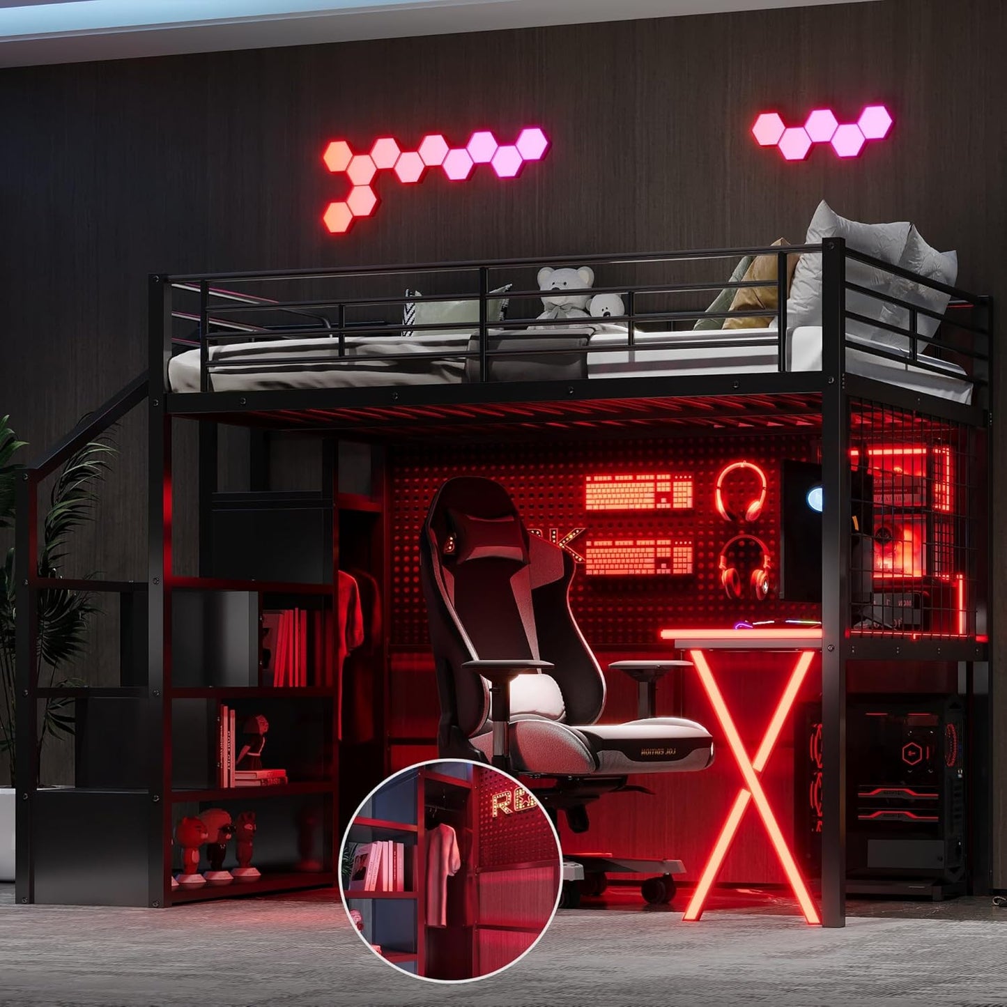 Merax Full Size Metal Loft Bed with Built-in Work Station, Wardrobe, Storage Staircase and LED, Gaming Bed for Kids Teens Adults, Full-Length Guardrails, No Box Spring Needed, Black