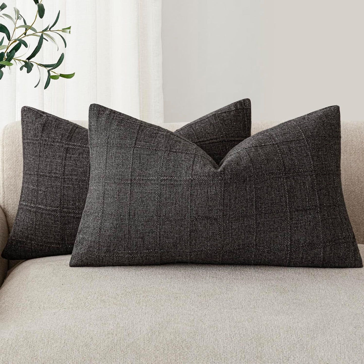 Foindtower Set of 2 Decorative Linen Check Throw Pillow Covers Neutral Farmhouse Lumbar Cushion Covers Modern Boho Home Decor for Sofa Chair Couch Bedroom Living Room Outdoor,12×20 Inch,Charcoal