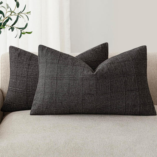 Foindtower Set of 2 Decorative Linen Check Throw Pillow Covers Neutral Farmhouse Lumbar Cushion Covers Modern Boho Home Decor for Sofa Chair Couch Bedroom Living Room Outdoor,12×20 Inch,Charcoal