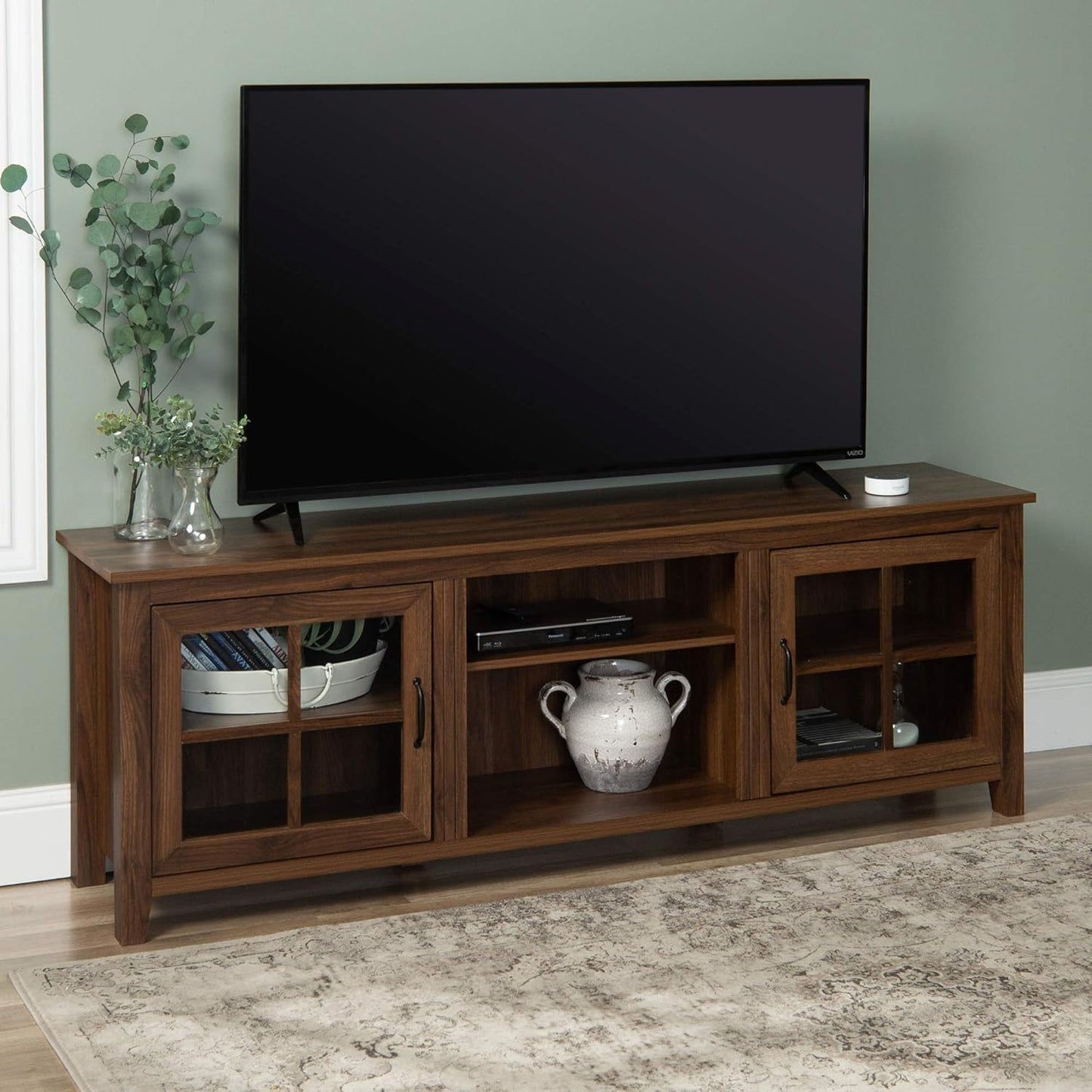 Walker Edison Portsmouth Classic 2 Glass Door TV Stand for TVs up to 80 Inches, 70 Inch, Dark Walnut