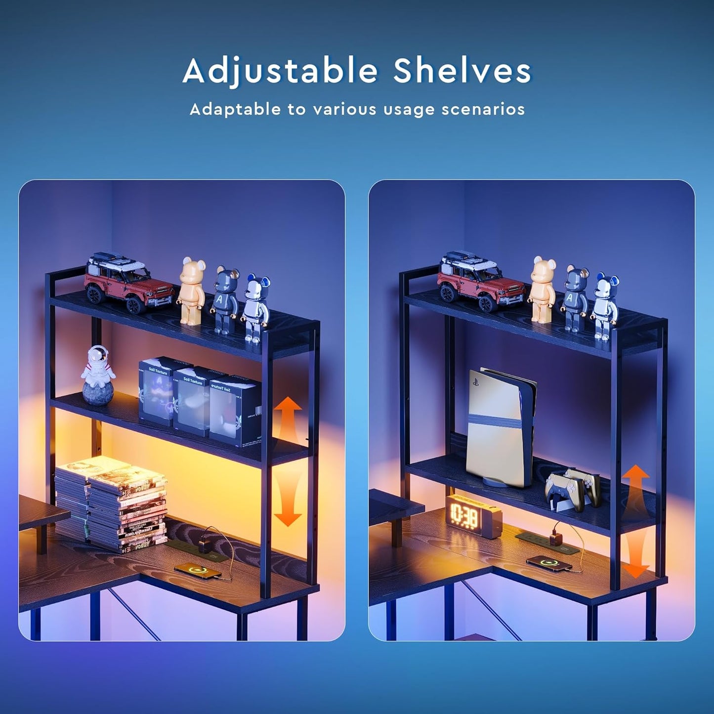 L Shaped Gaming Desk with Shelves,Reversible Computer Gaming Desk with LED Lights and Charging Station,Home Office Corner Desk with Monitor Stand,Black