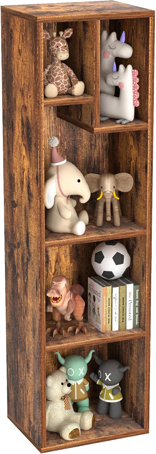 VECELO Small Bookshelf, 5 Cube Slim Bookcase, Fits Tallest Hardcovers, Horizontal Available, Modern Floor Standing Unit, Each Shelf Hold Up to 66 LBS, Vintage Brown