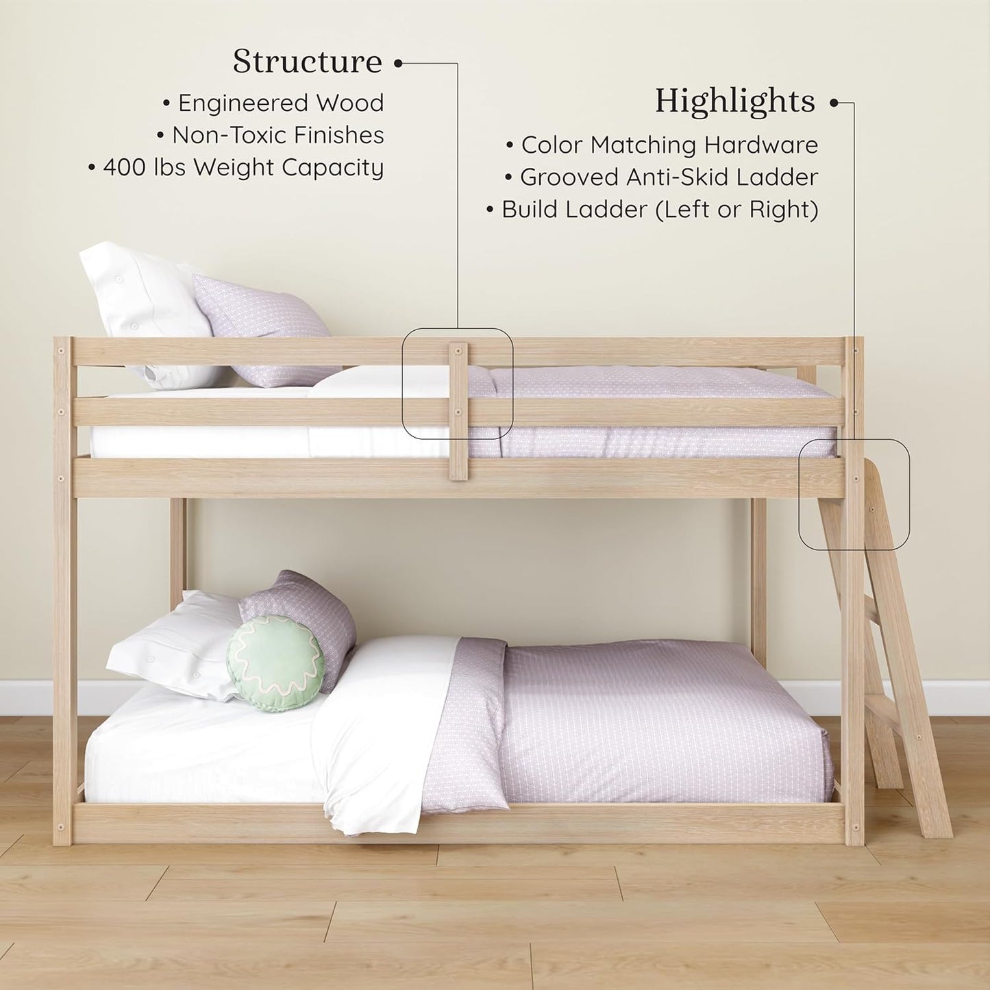 Grain & Grove Bear Twin Over Twin Bunk Bed, Low Bunk Bed Frame for Kids, Bunk with Ladder, Guardrail and Slats, No Box Spring Required, Oak Embossed Natural