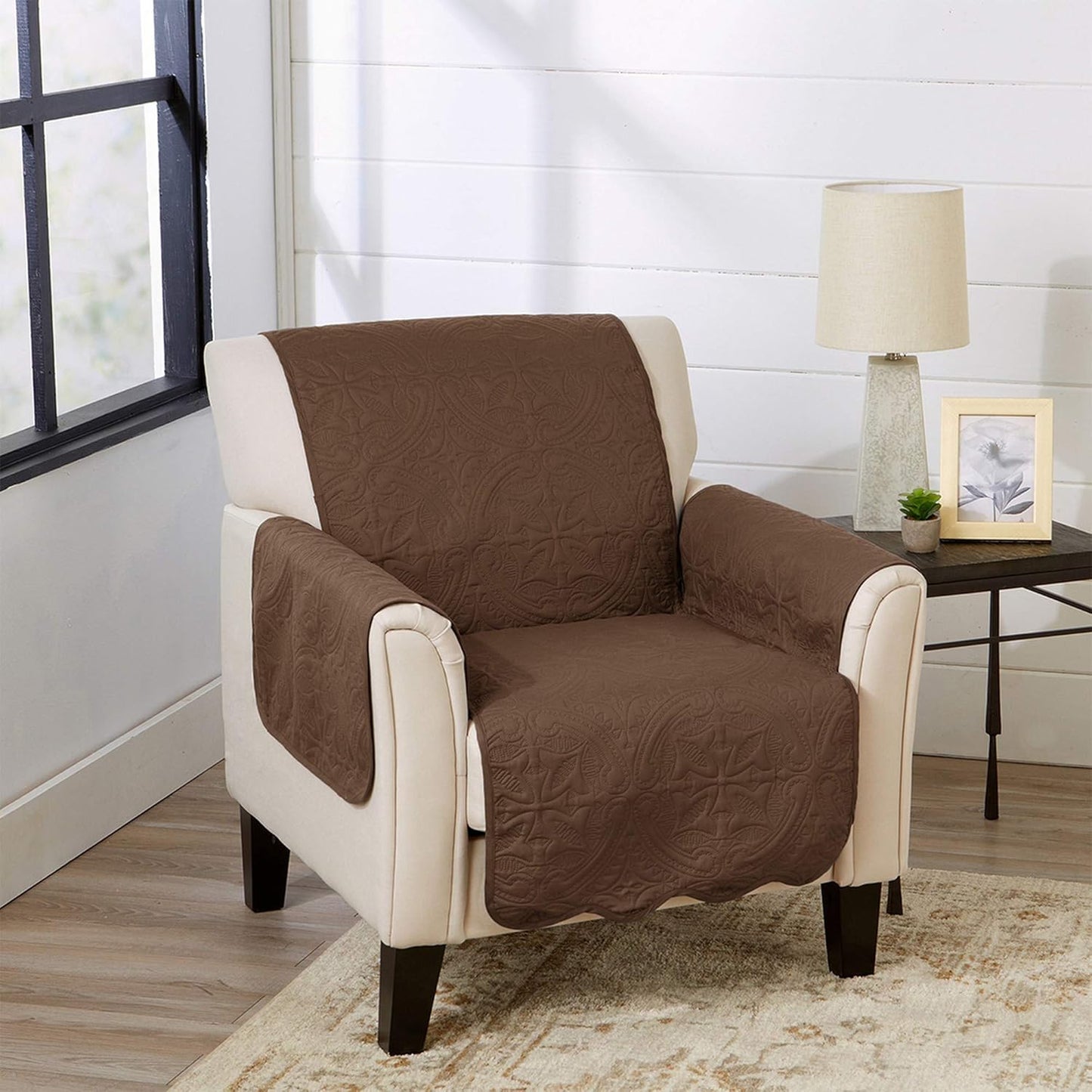 Great Bay Home Medallion Stitched Solid Furniture Protector Stain Resistant Durable Furniture Protector Elenor Collection (Chair, Chocolate/Taupe)