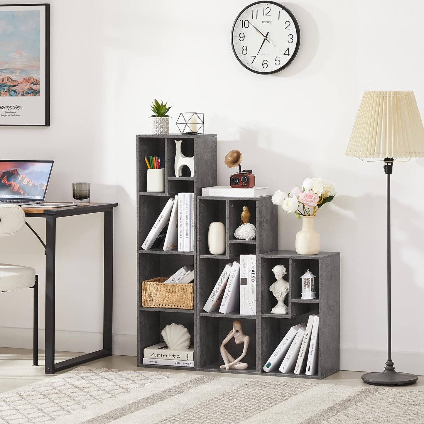 VECELO Small Bookshelf, 5 Cube Slim Bookcase, Fits Tallest Hardcovers, Horizontal Available, Modern Floor Standing Unit, Each Shelf Hold Up to 66 LBS,Modern Gray